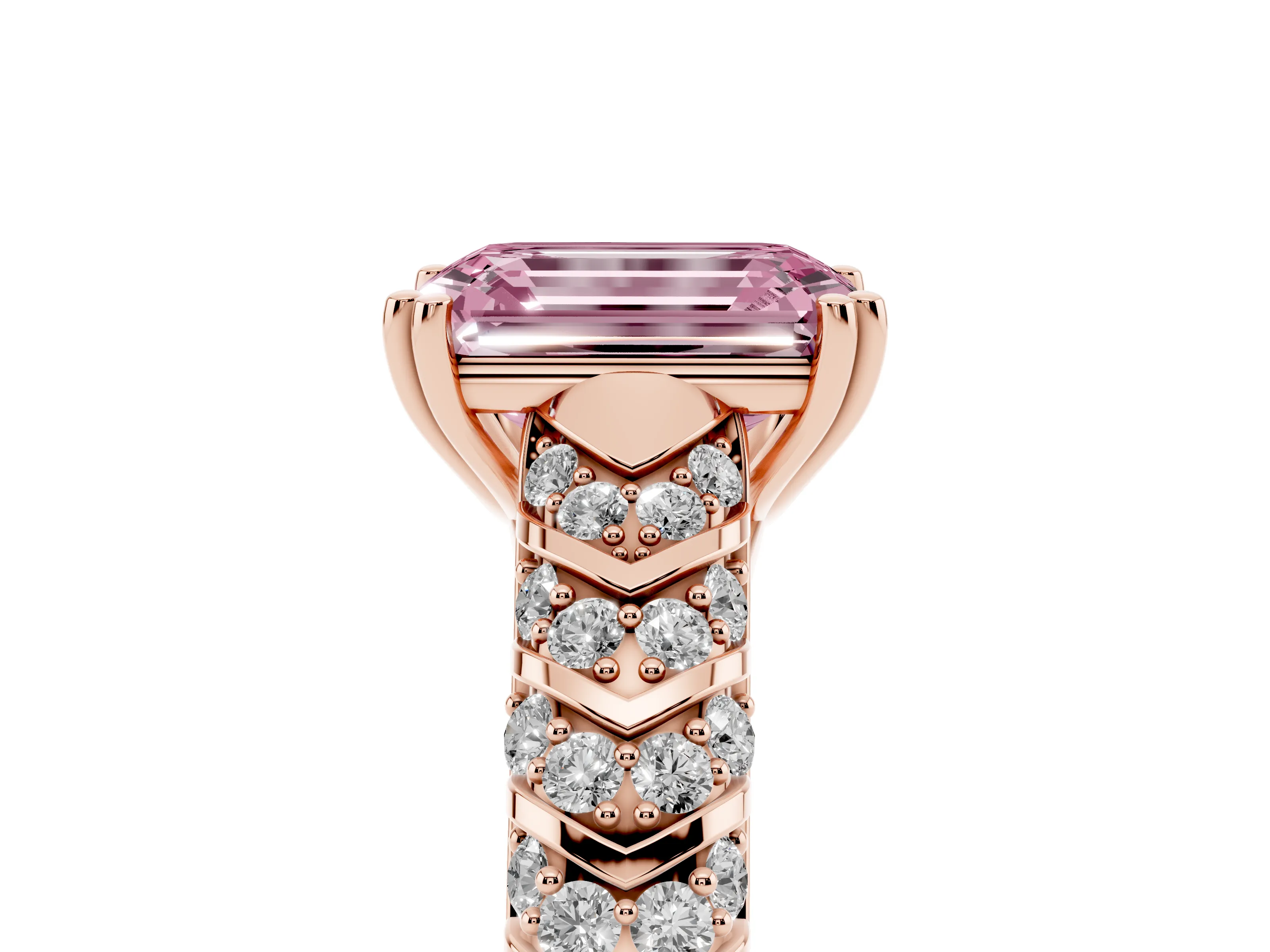 Fancy Pink Emerald Cut Diamond Solitaire Chevron Pavé Engagement Ring Set in Rose gold with Prong Setting