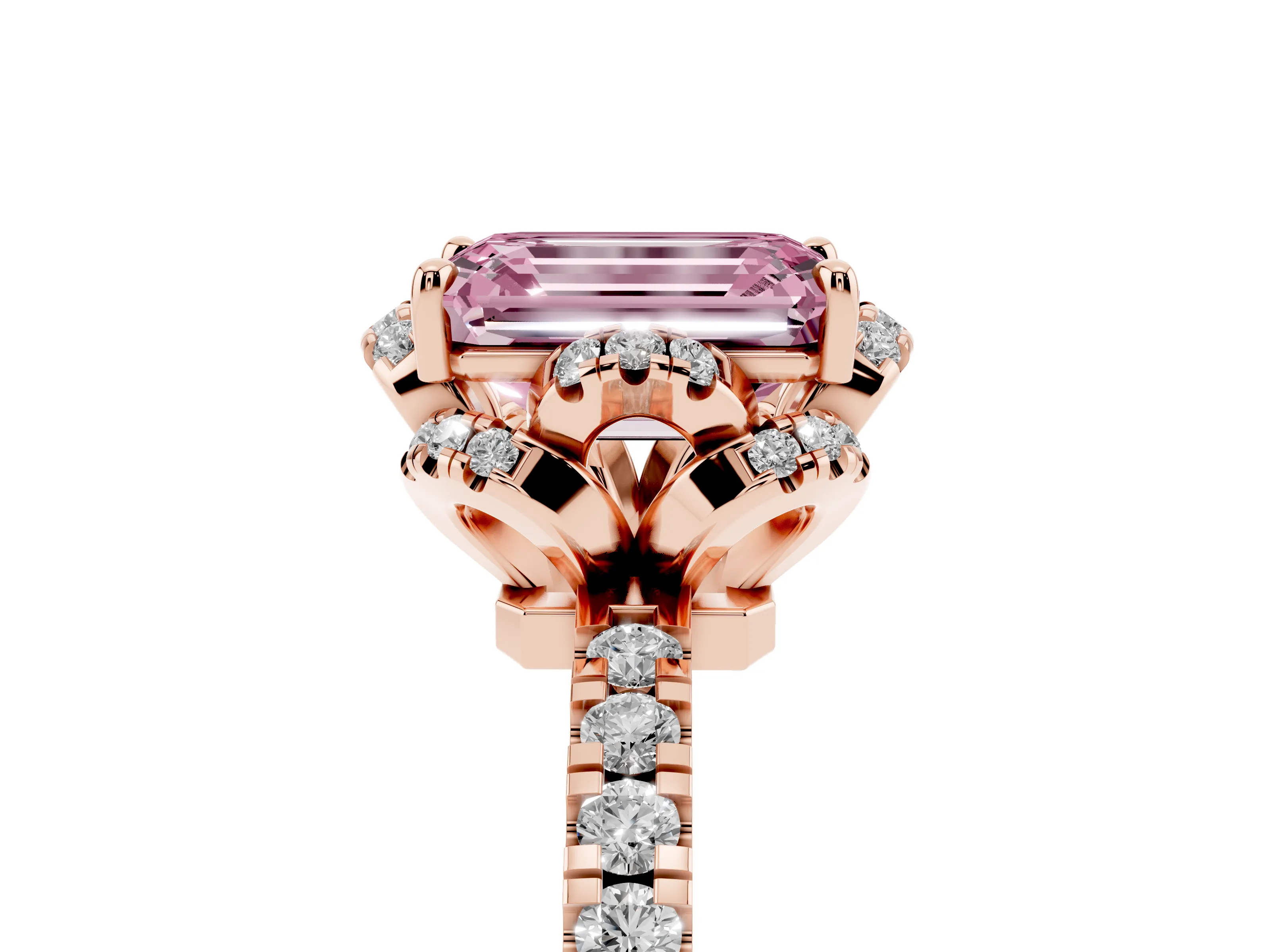 Fancy Pink Emerald Cut Diamond Halo Pavé Band Ring Set in Rose gold with Prong-Held Center
