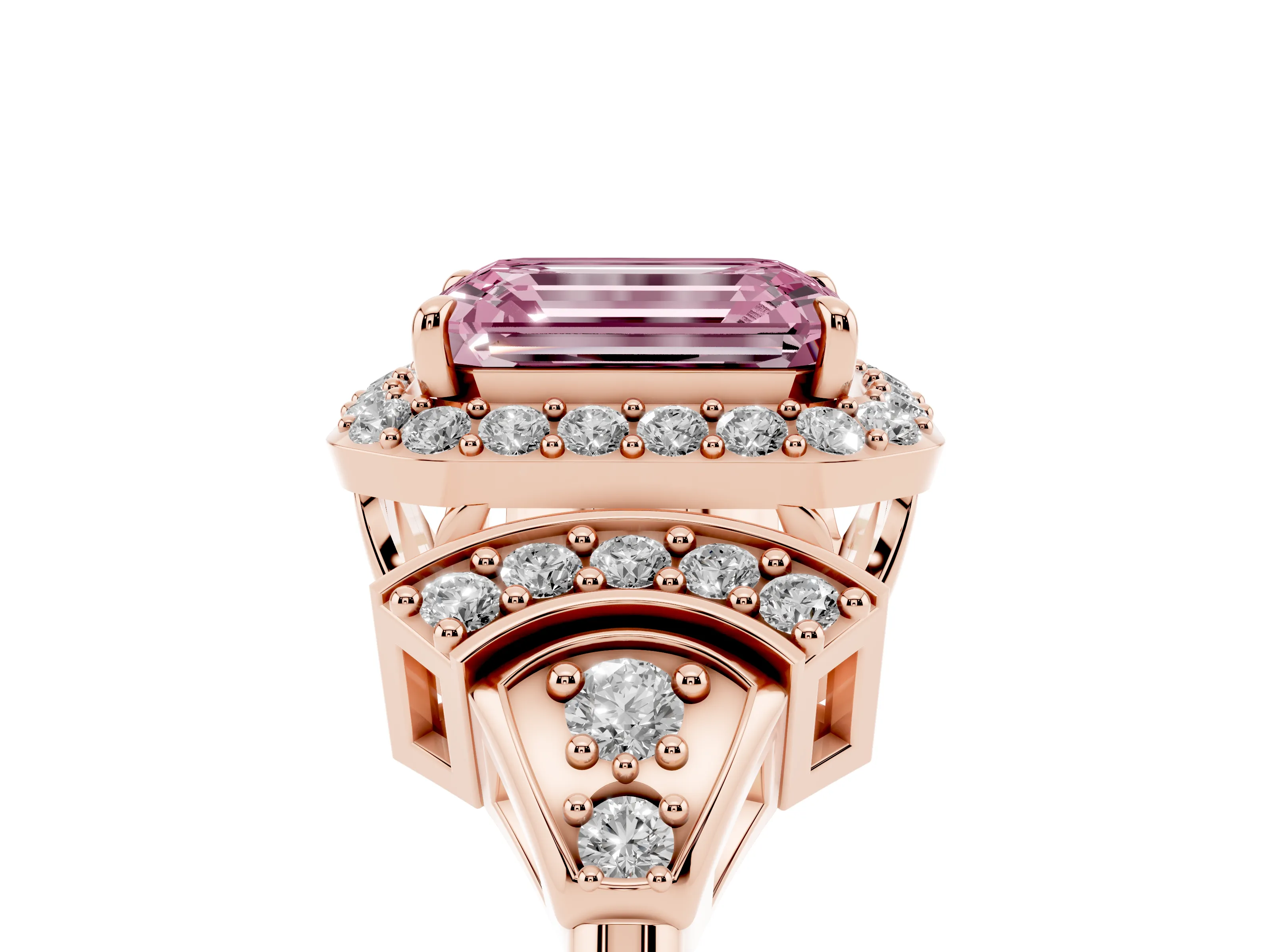 Fancy Pink Emerald Cut Diamond Halo Engagement Ring Set in Rose gold with Accent Stone Split Shank