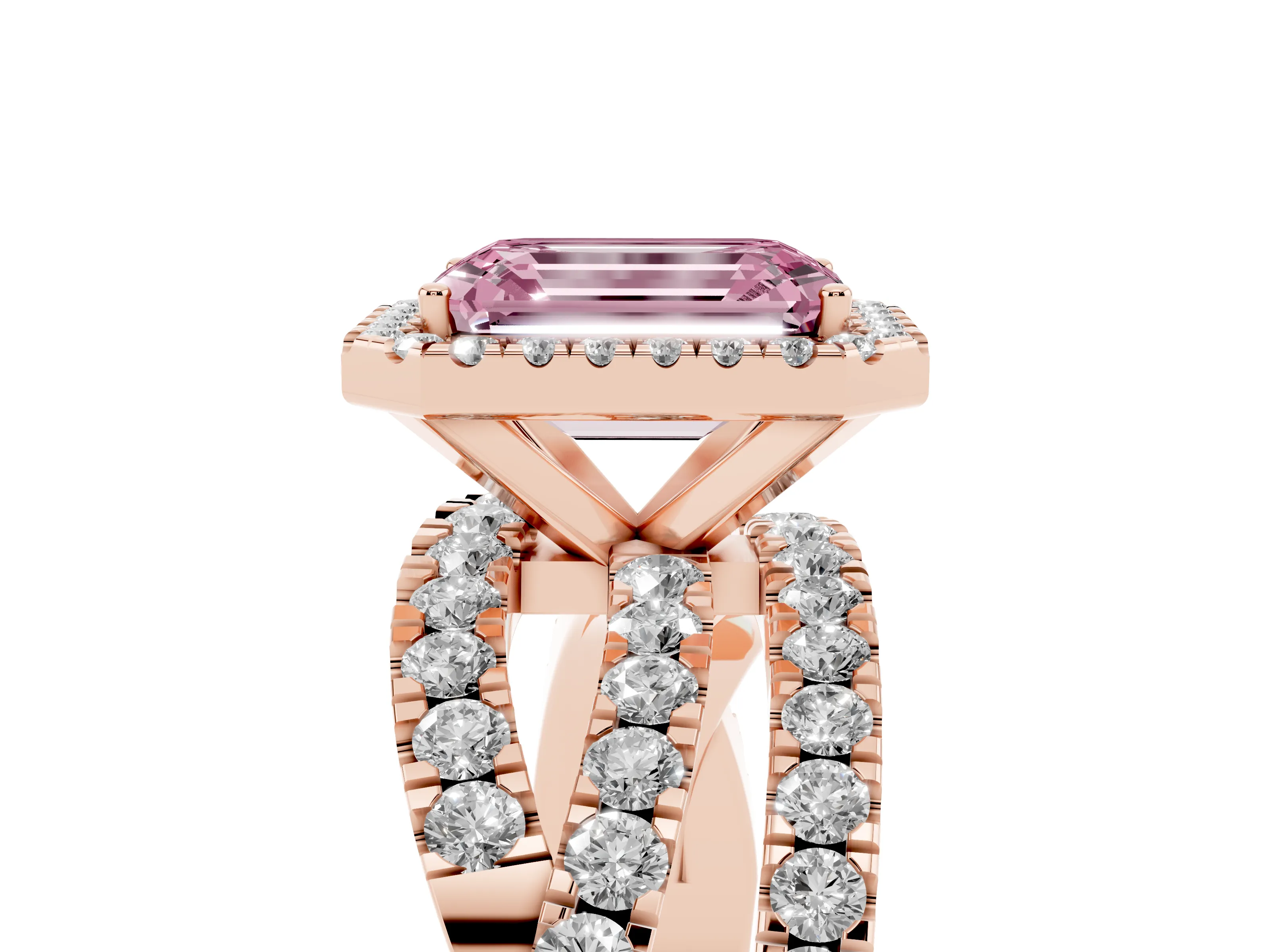 Fancy Pink Emerald Cut Diamond Halo Ring Set in Rose gold with Round Crossover Split Shank and Prong Setting