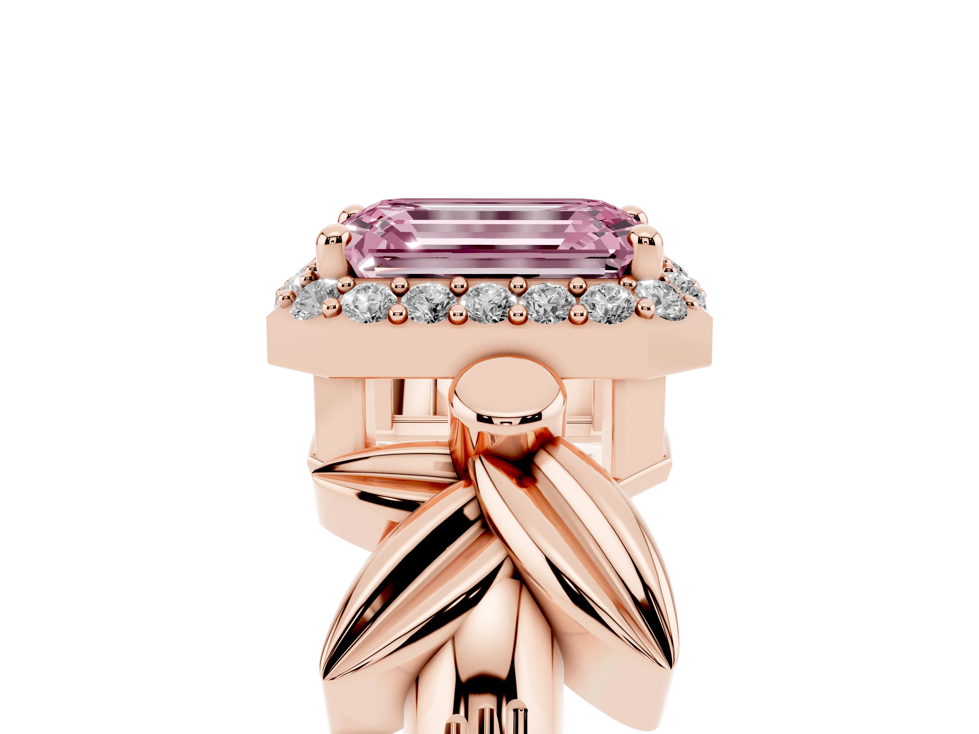Fancy Pink Emerald Cut Diamond Halo Floral Band Ring Set in Rose gold with Prong Setting