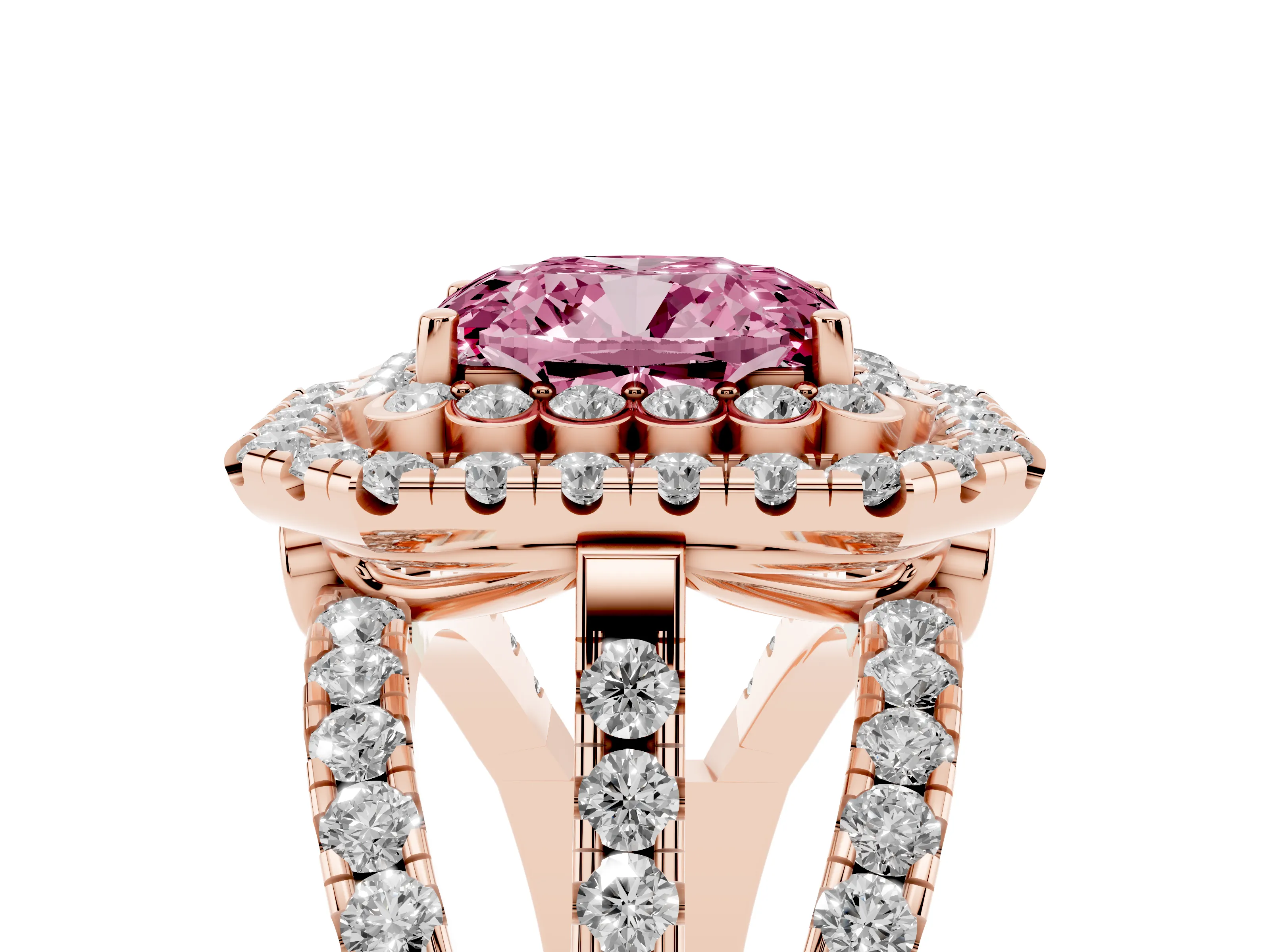 Fancy Pink Emerald Cut Diamond Double Halo Ring Set in Rose gold with Round Pavé Split Shank