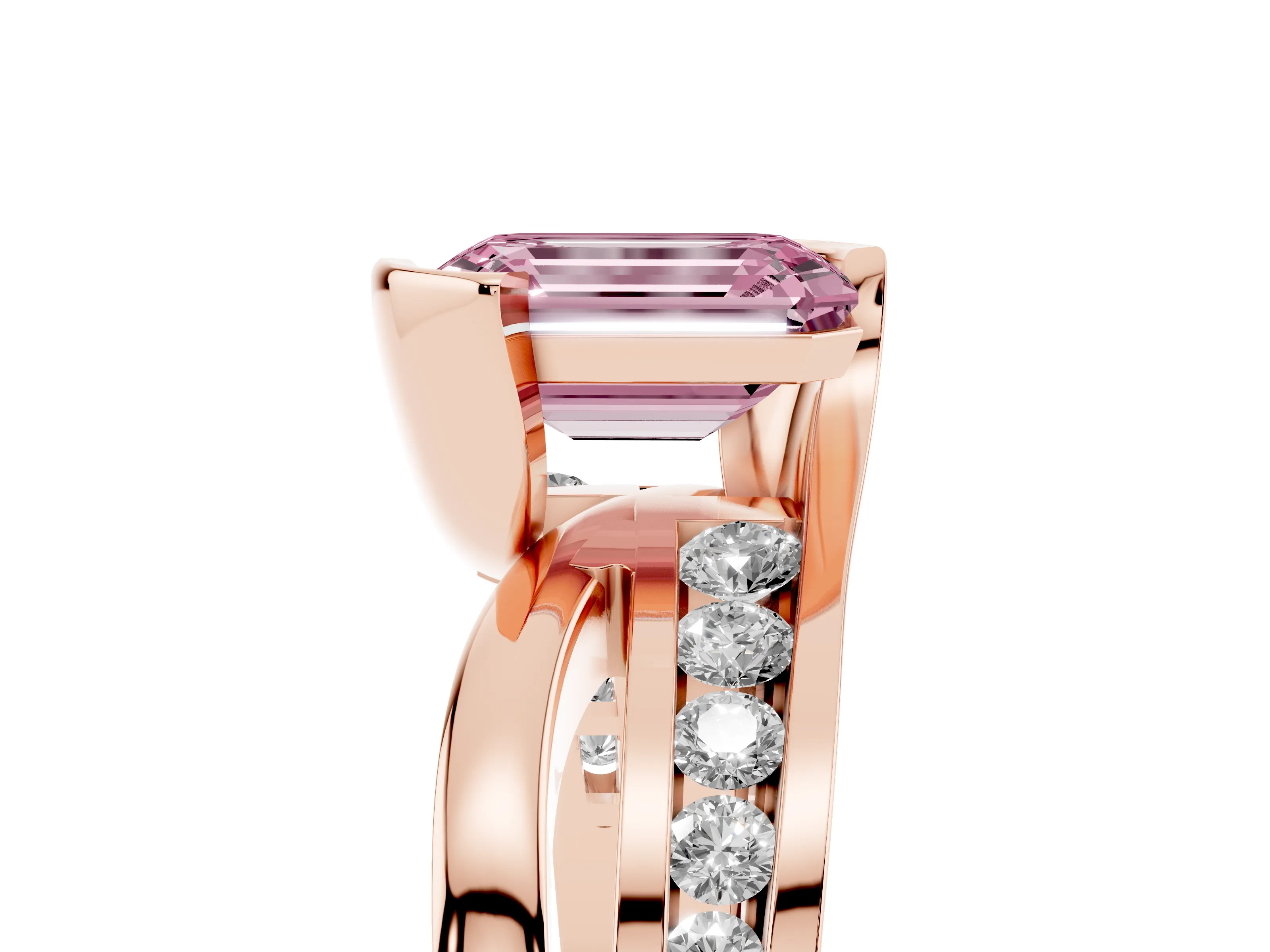 Fancy Pink Emerald Cut Diamond Solitaire Ring Set in Rose gold with Channel Set Split Shank and Tension Prongs