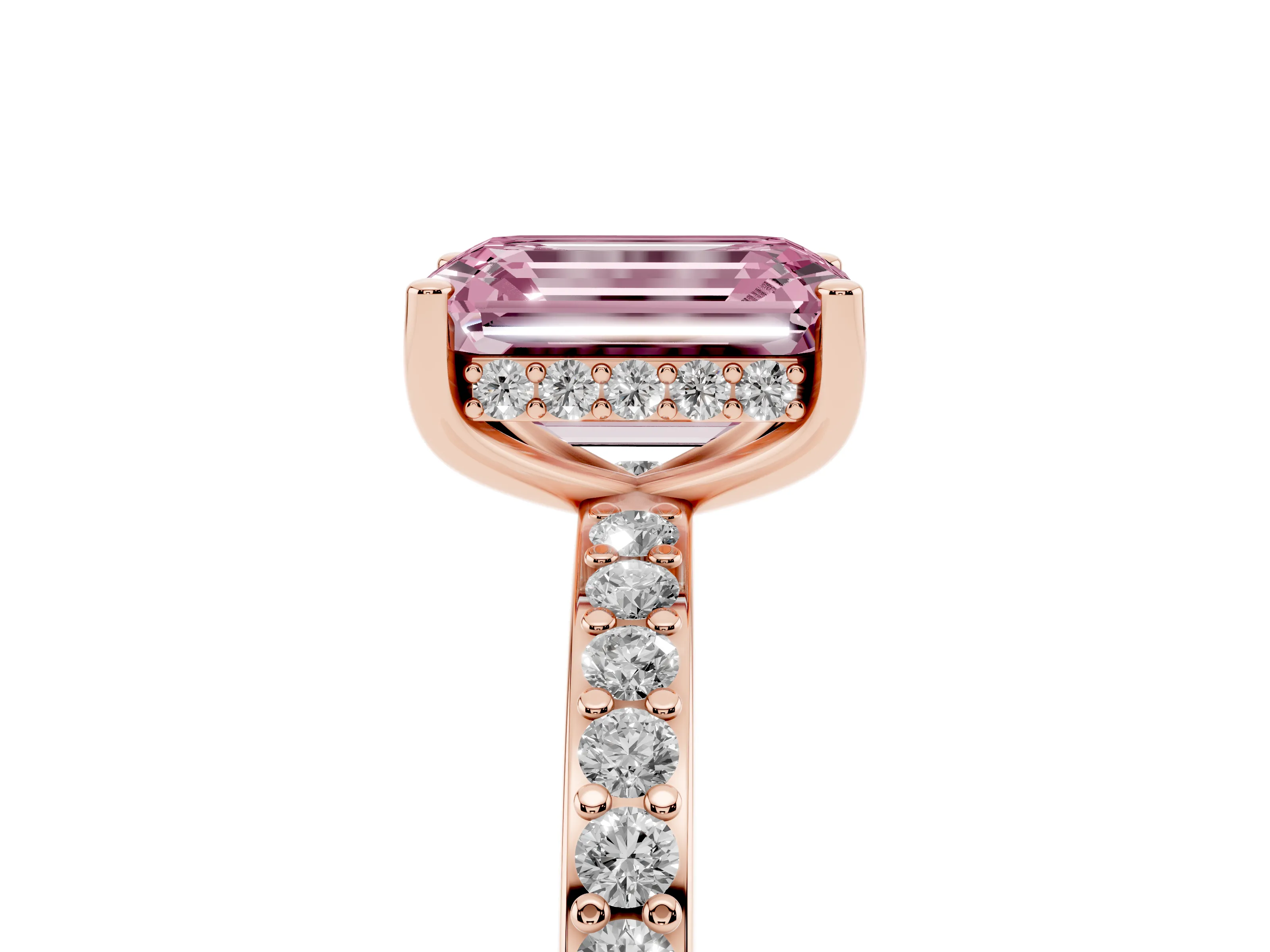 Fancy Pink Emerald Cut Diamond Pavé Band Ring Set in Rose gold with Prong-Set Center Stone