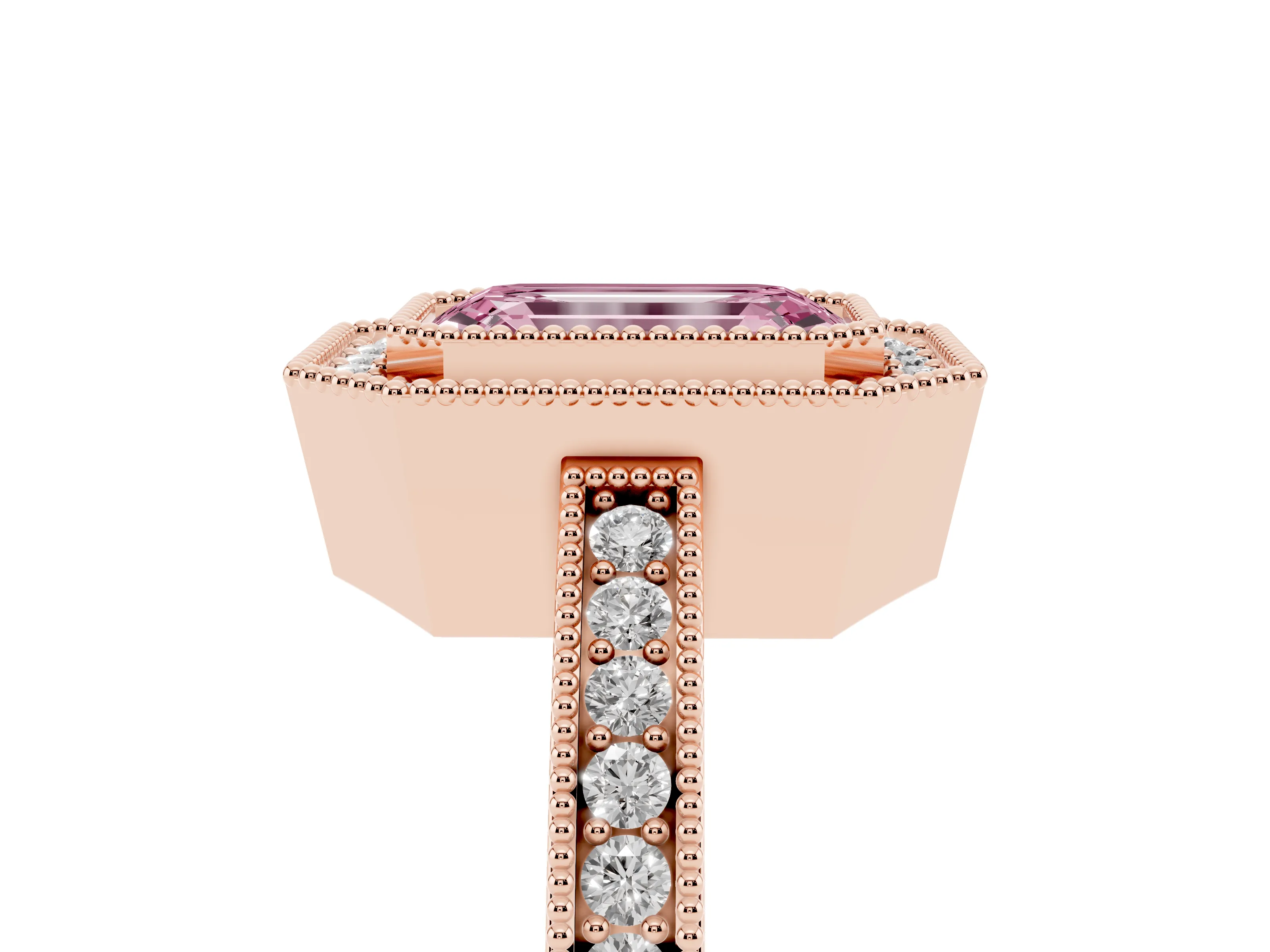Fancy Pink Emerald Cut Diamond Round Halo Ring Set in Rose gold with Pavé Band