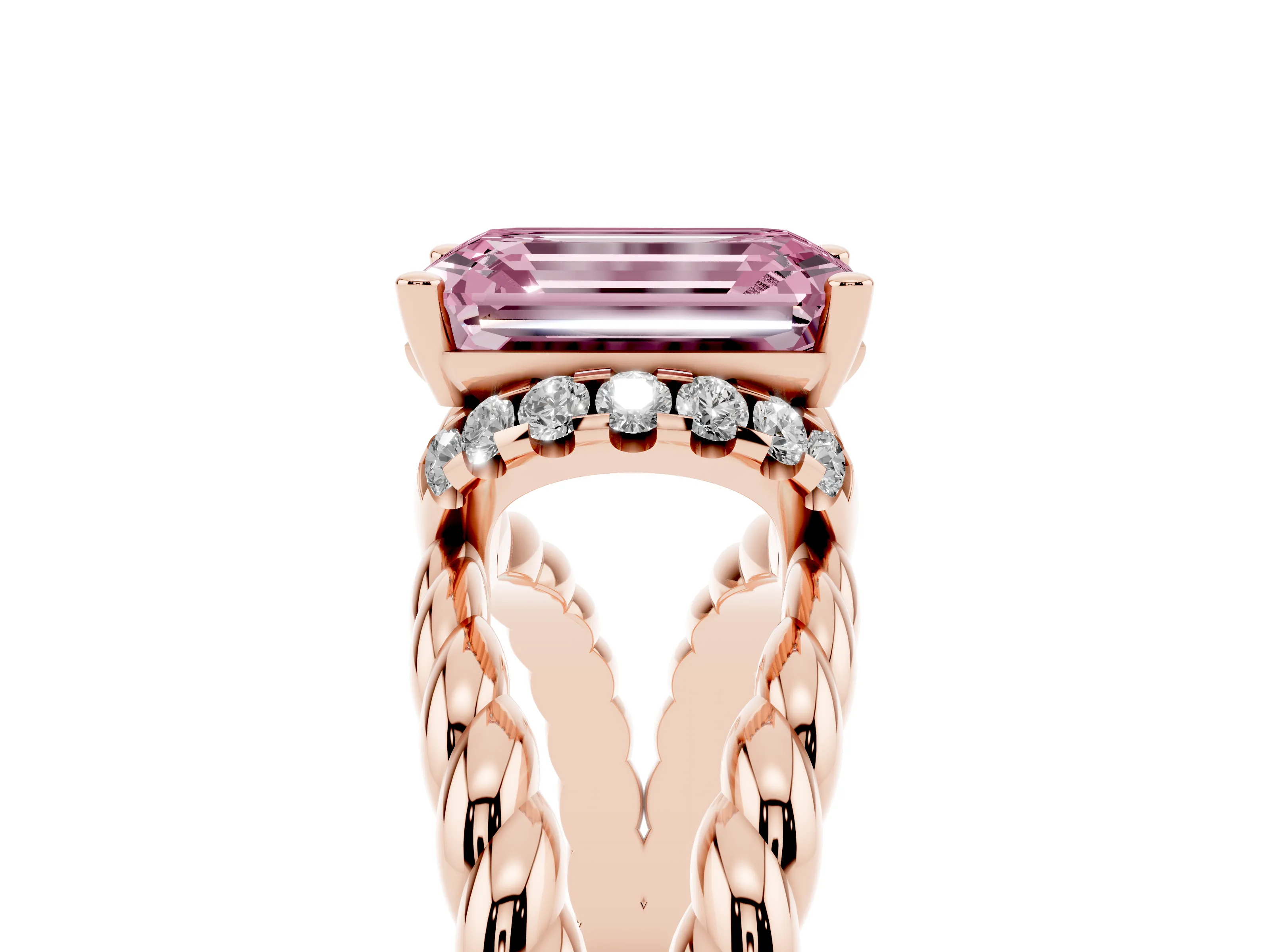 Fancy Pink Emerald Cut Diamond Halo Ring Set in Rose gold with Twisted Band and Prong Setting