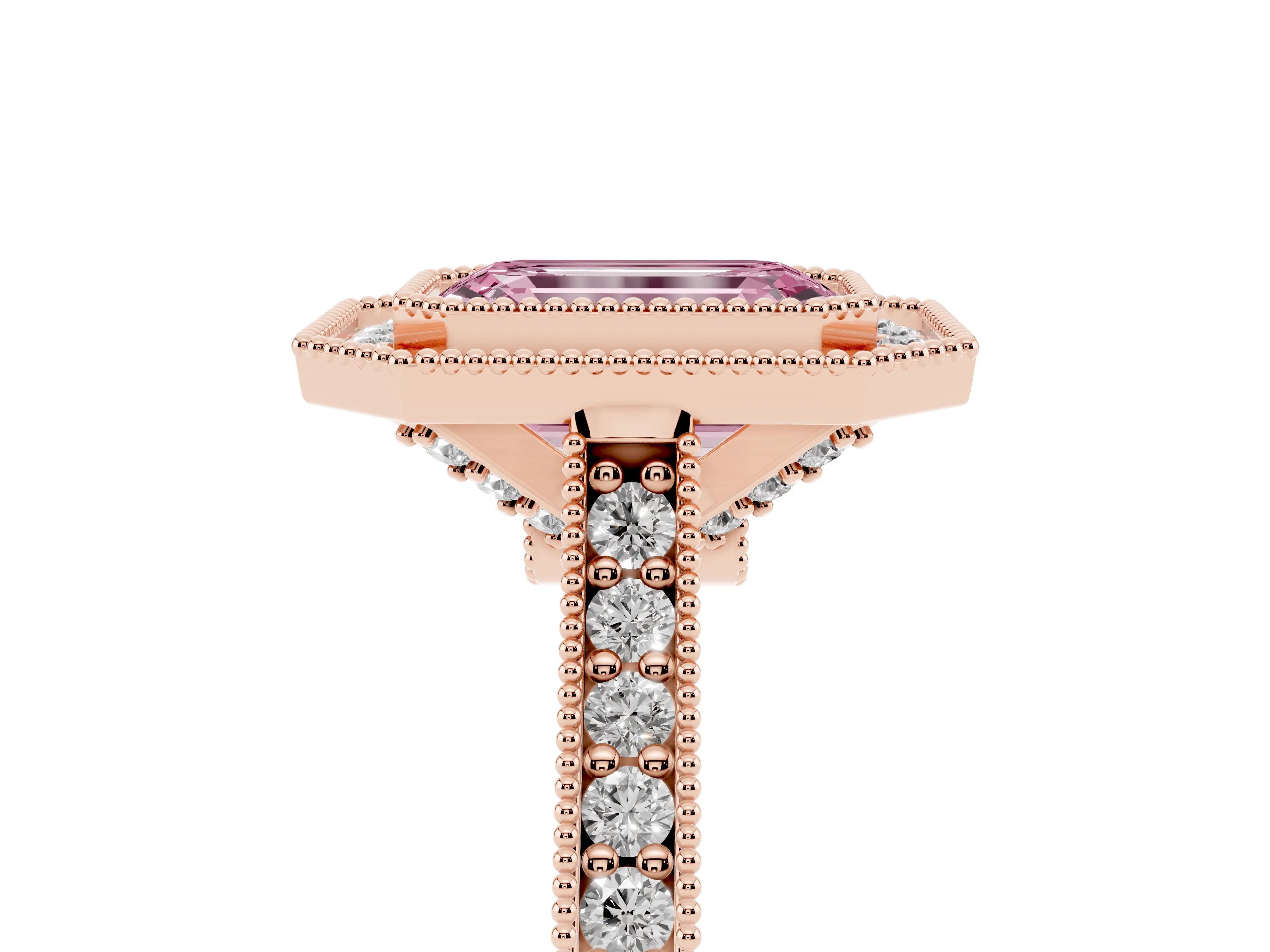 Fancy Pink Emerald Cut Diamond Halo Milgrain Pavé Band Ring Set in Rose gold with Prong Setting