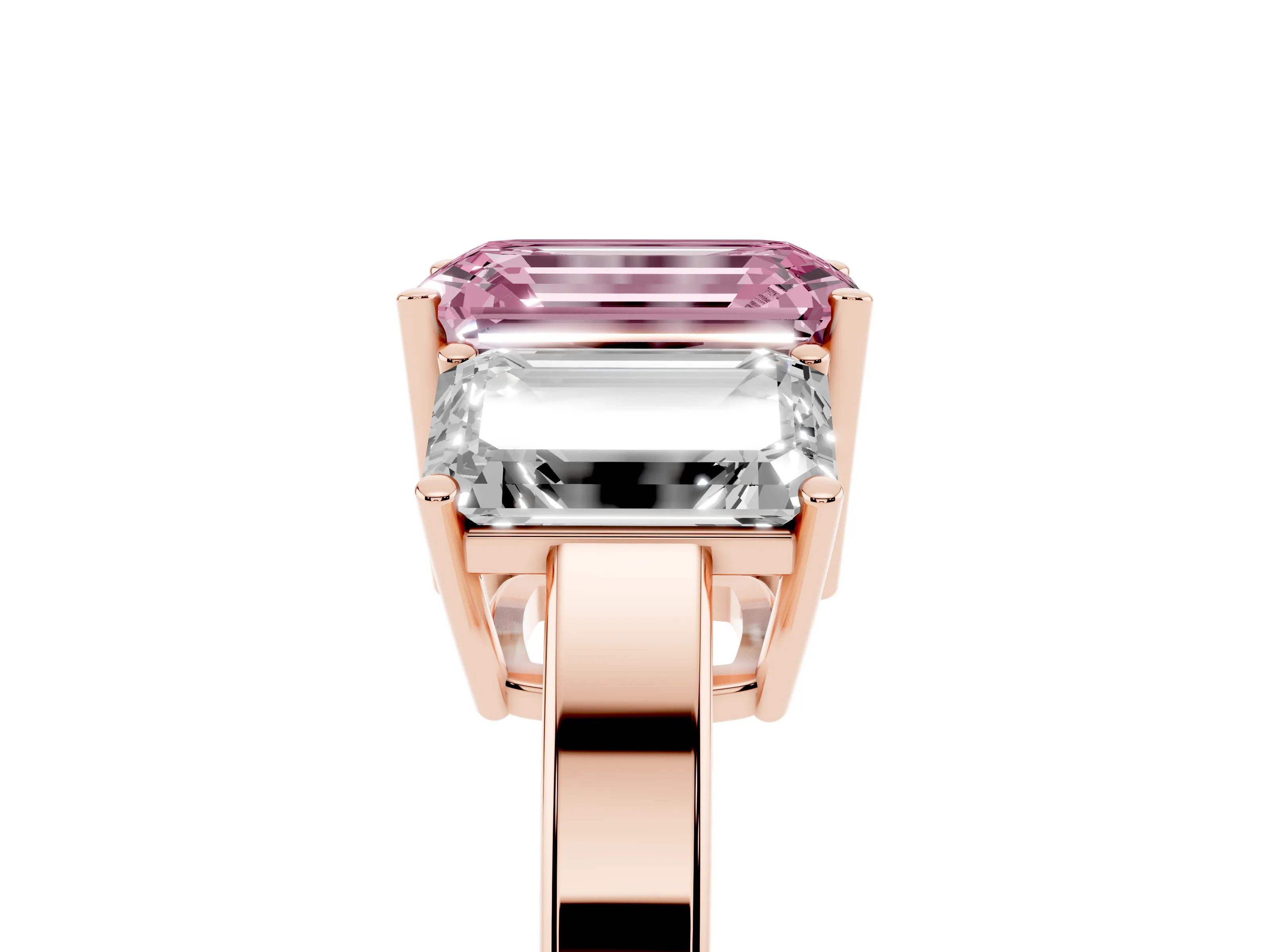 Fancy Pink Emerald Cut Diamond Three-Stone Engagement Ring Set in Rose gold with Flat Band