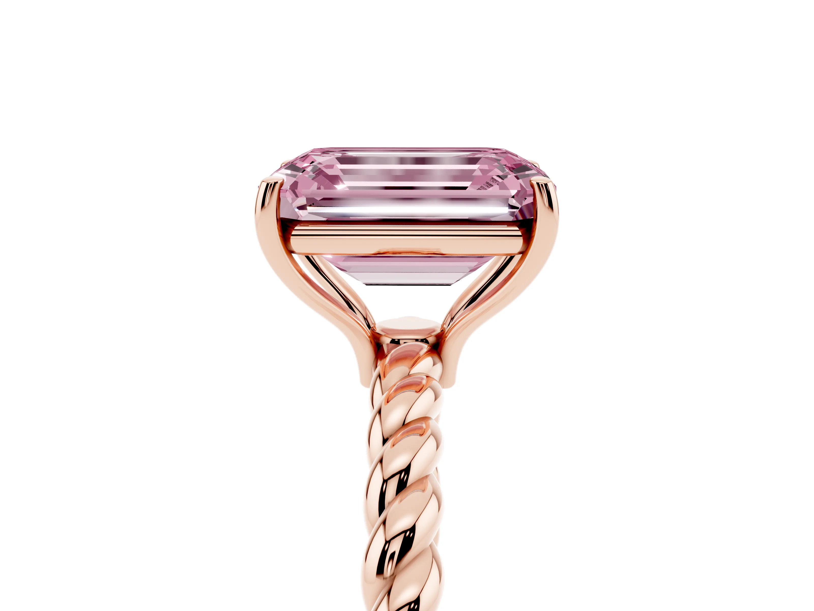 Fancy Pink Emerald Cut Diamond Solitaire Ring Set in Rose gold with Twist Band and Prong Setting