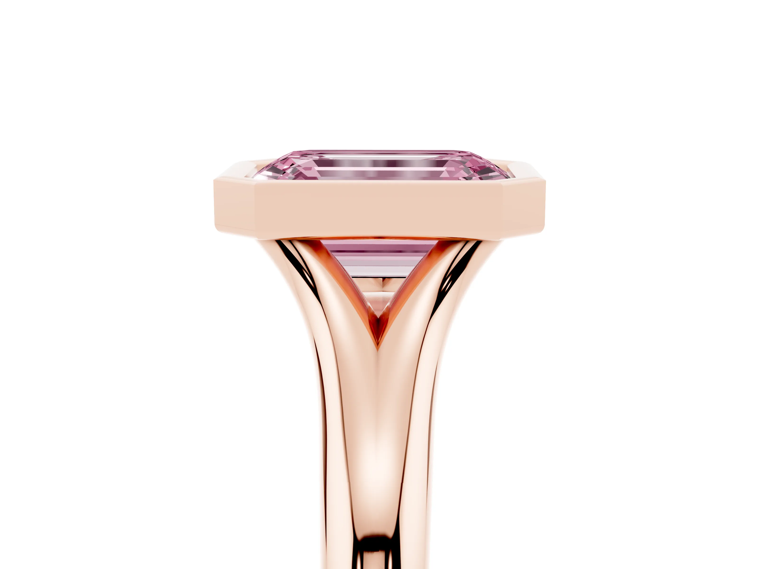 Fancy Pink Bezel Set Emerald Cut Diamond Solitaire Ring Set in Rose gold with Smooth Band