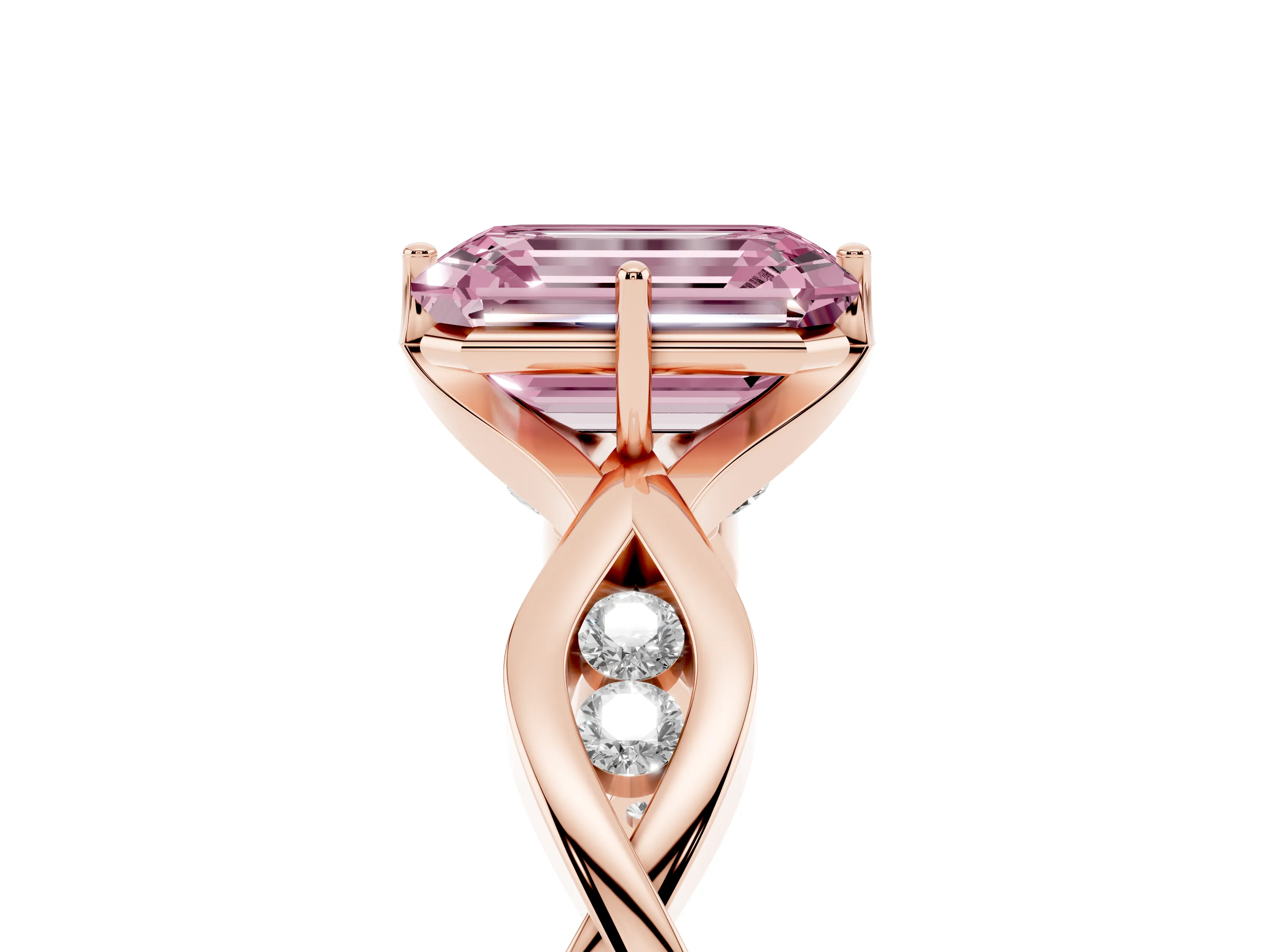 Fancy Pink Emerald Cut Diamond Twist Band Solitaire Ring Set in Rose gold with Leaf Prong Setting and Accent Stones