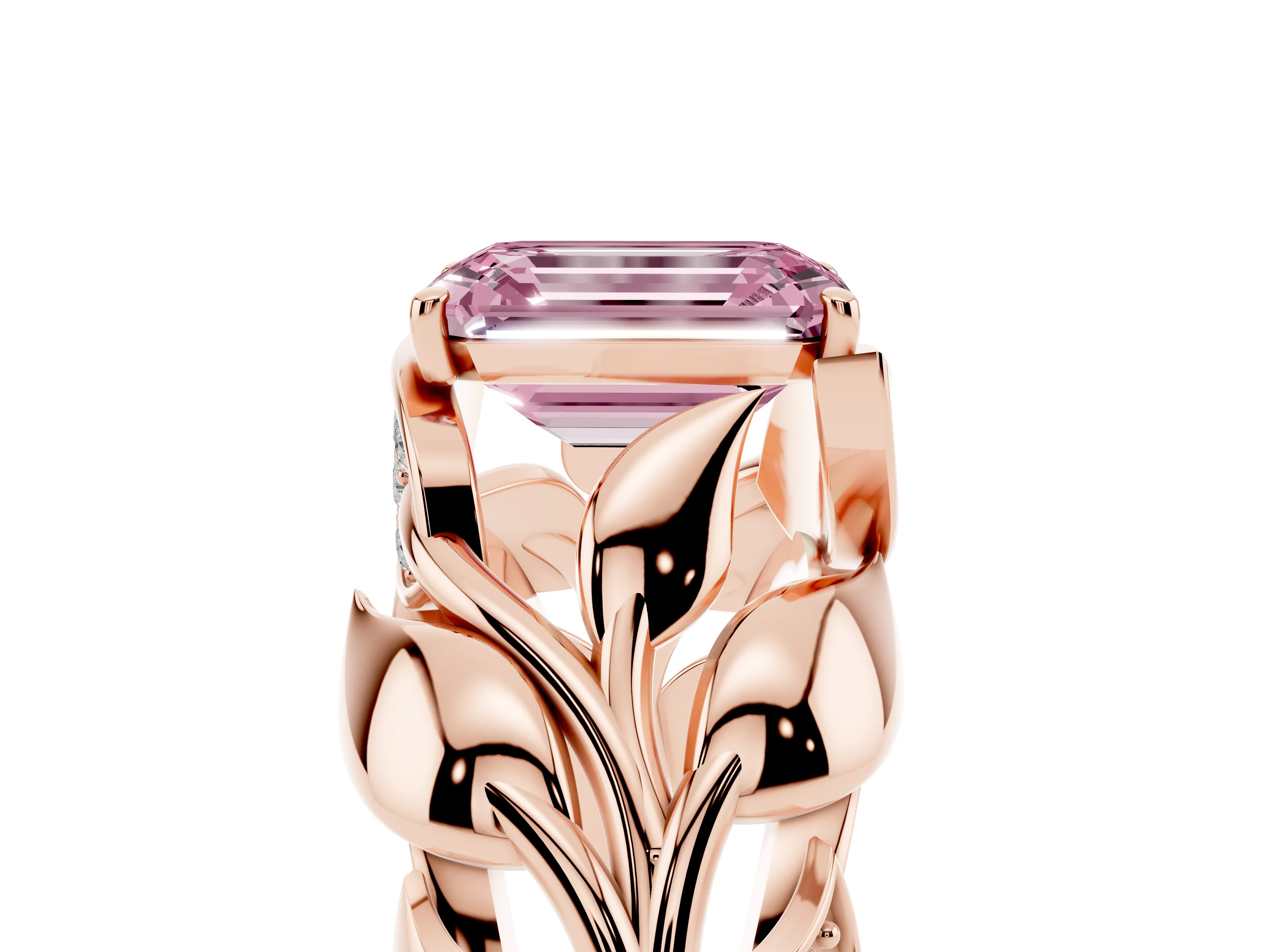 Fancy Pink Emerald Cut Diamond Leaf-Inspired Engagement Ring Set in Rose gold with Round Accents