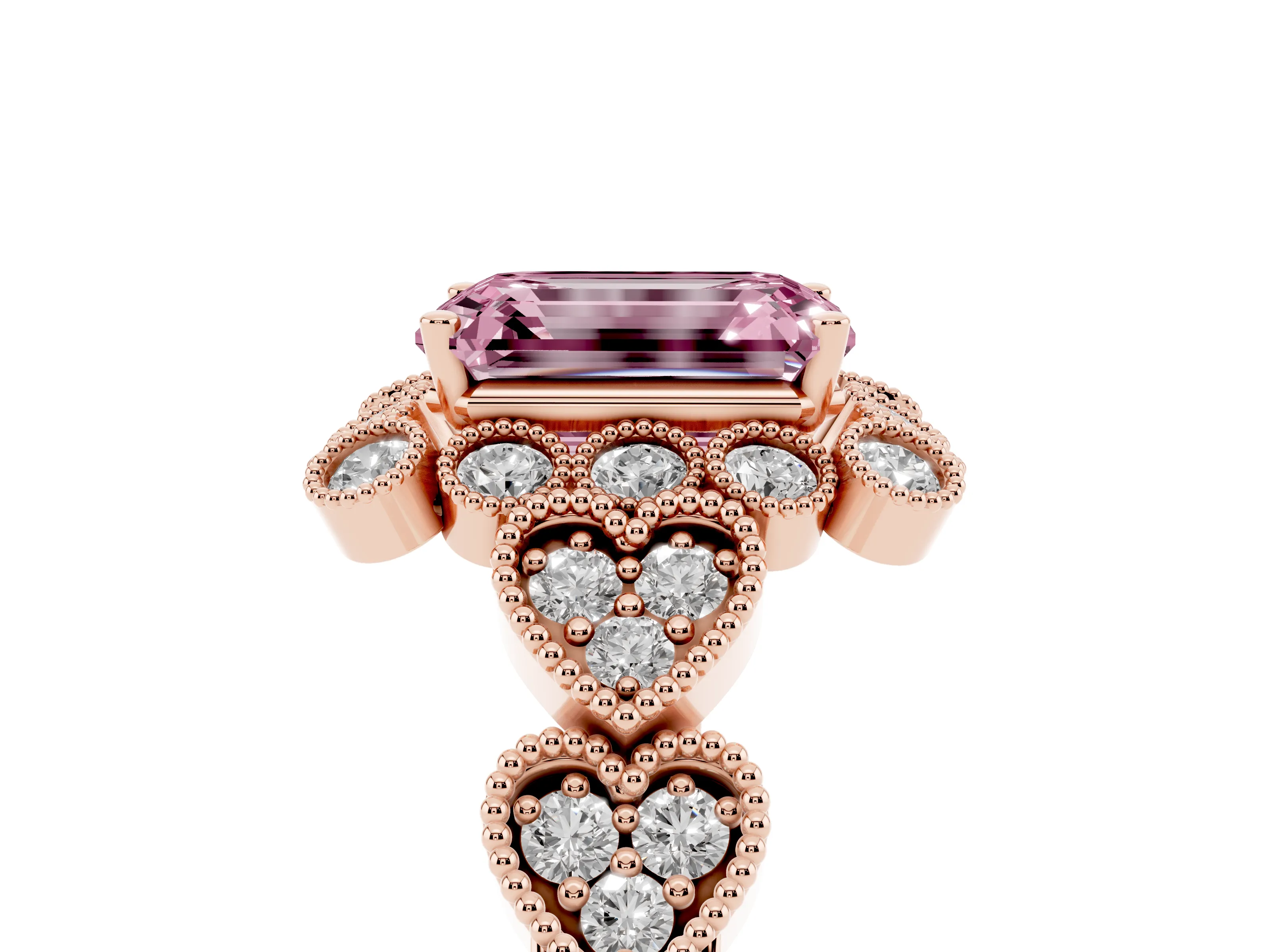 Fancy Pink Emerald Cut Diamond Solitaire Ring Set in Rose gold with Milgrain Pavé Heart Band