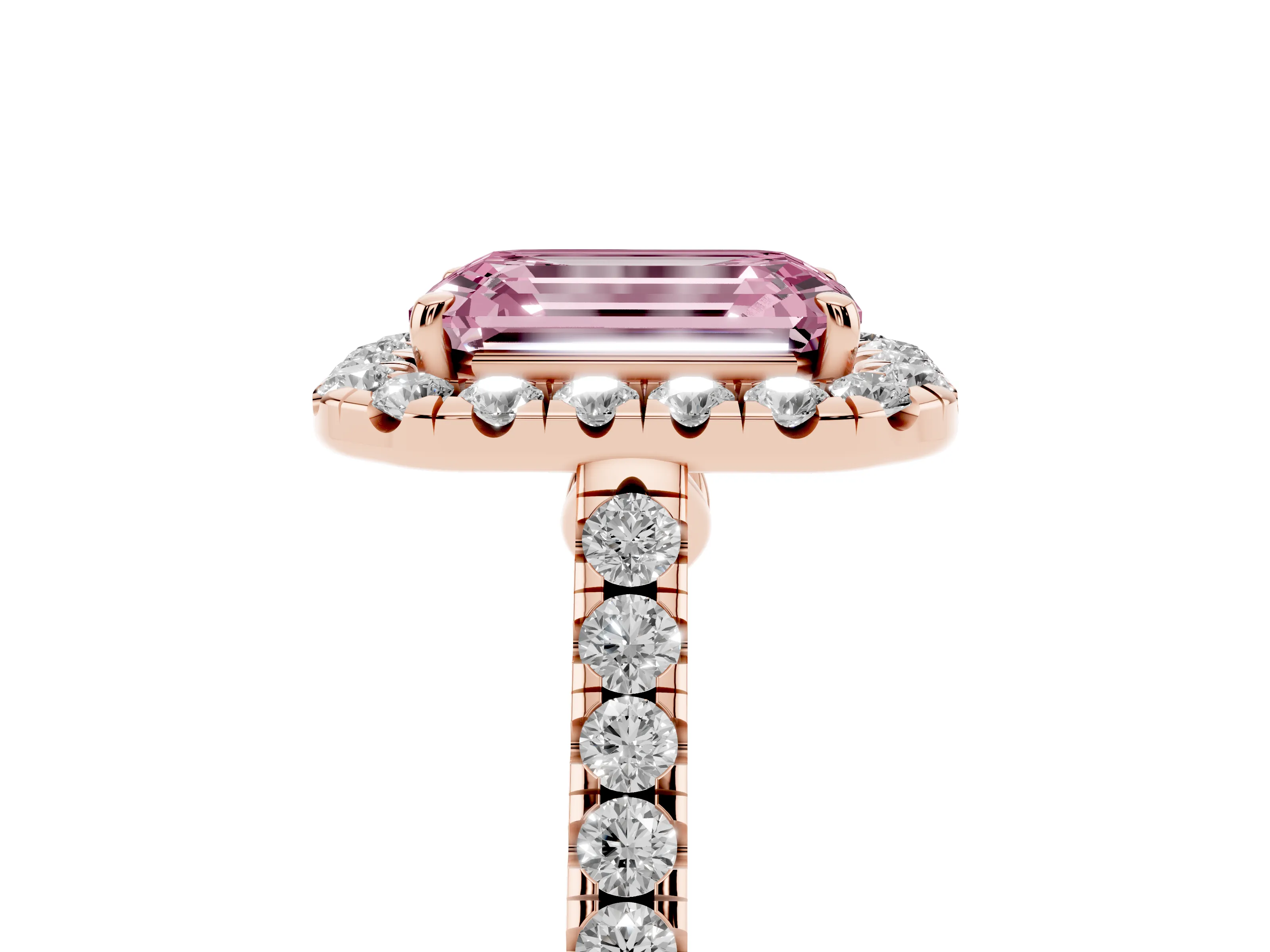Fancy Pink Emerald Cut Diamond Halo Pavé Engagement Ring Set in Rose gold with Prong Setting