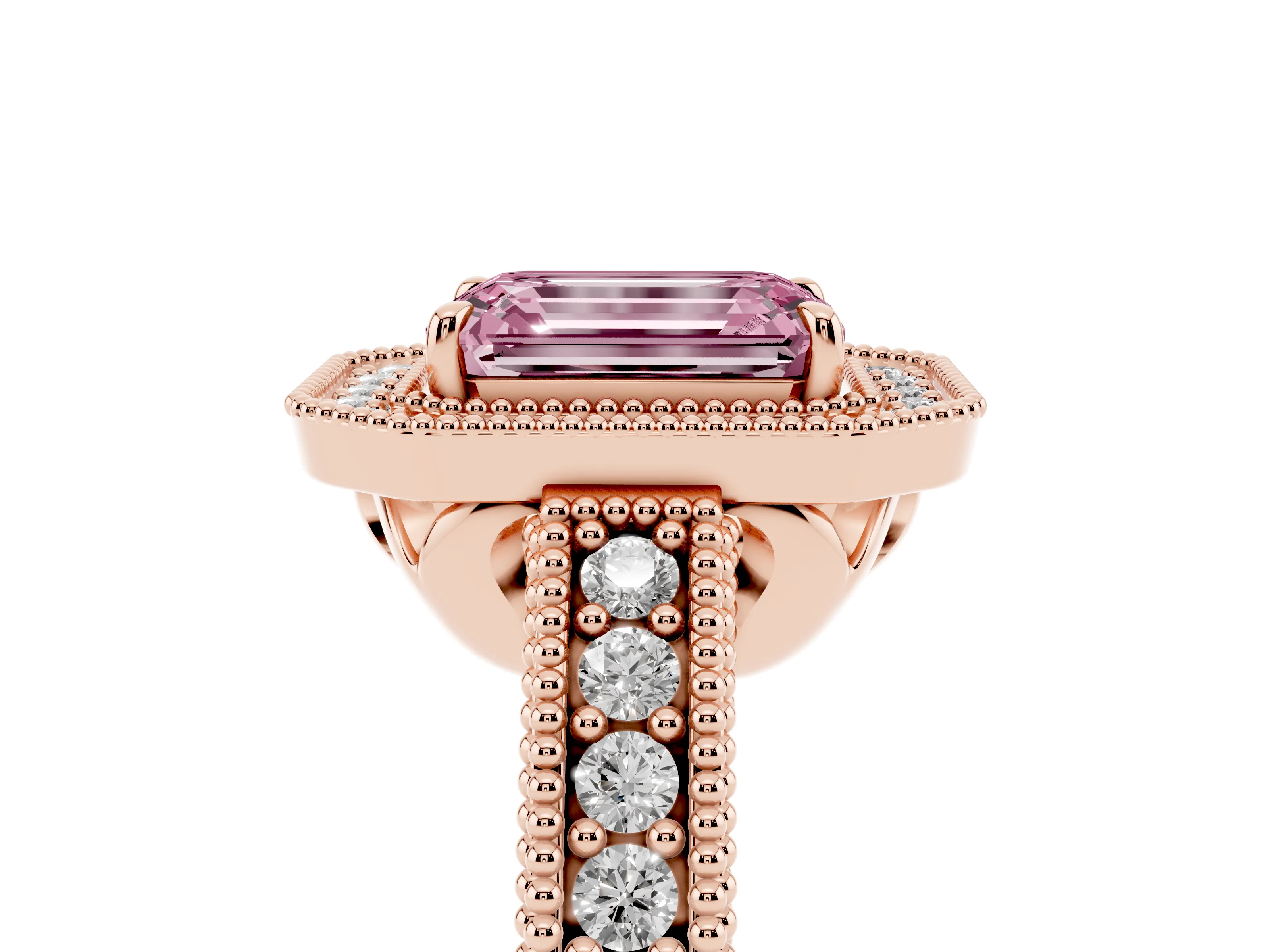 Fancy Pink Emerald Cut Diamond Halo Ring Set in Rose gold with Round Accent Halo, Pavé Band and Prong Setting