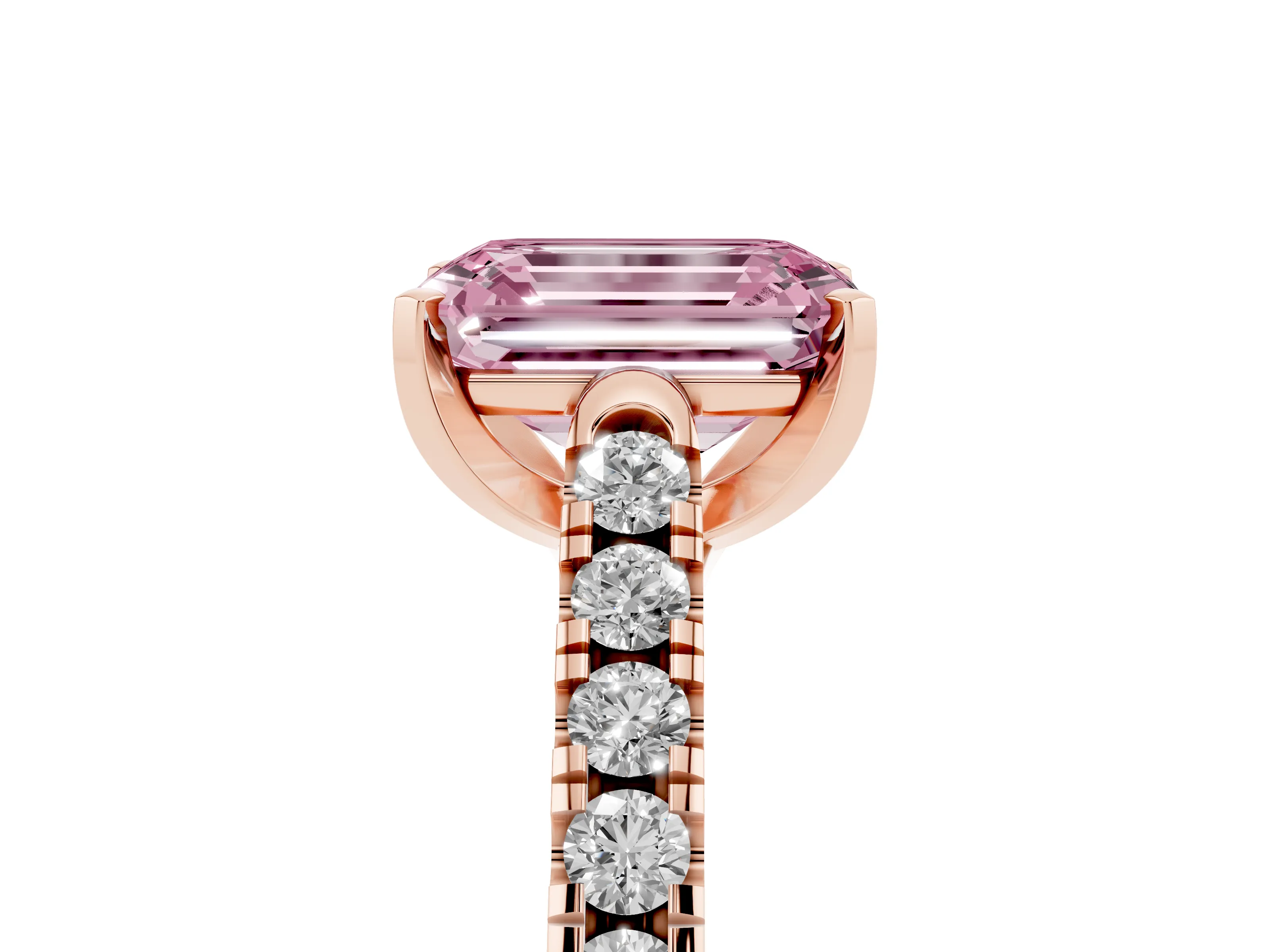 Fancy Pink Emerald Cut Diamond Pavé Band Solitaire Ring Set in Rose gold with Partway Accent Stones and Prong Setting