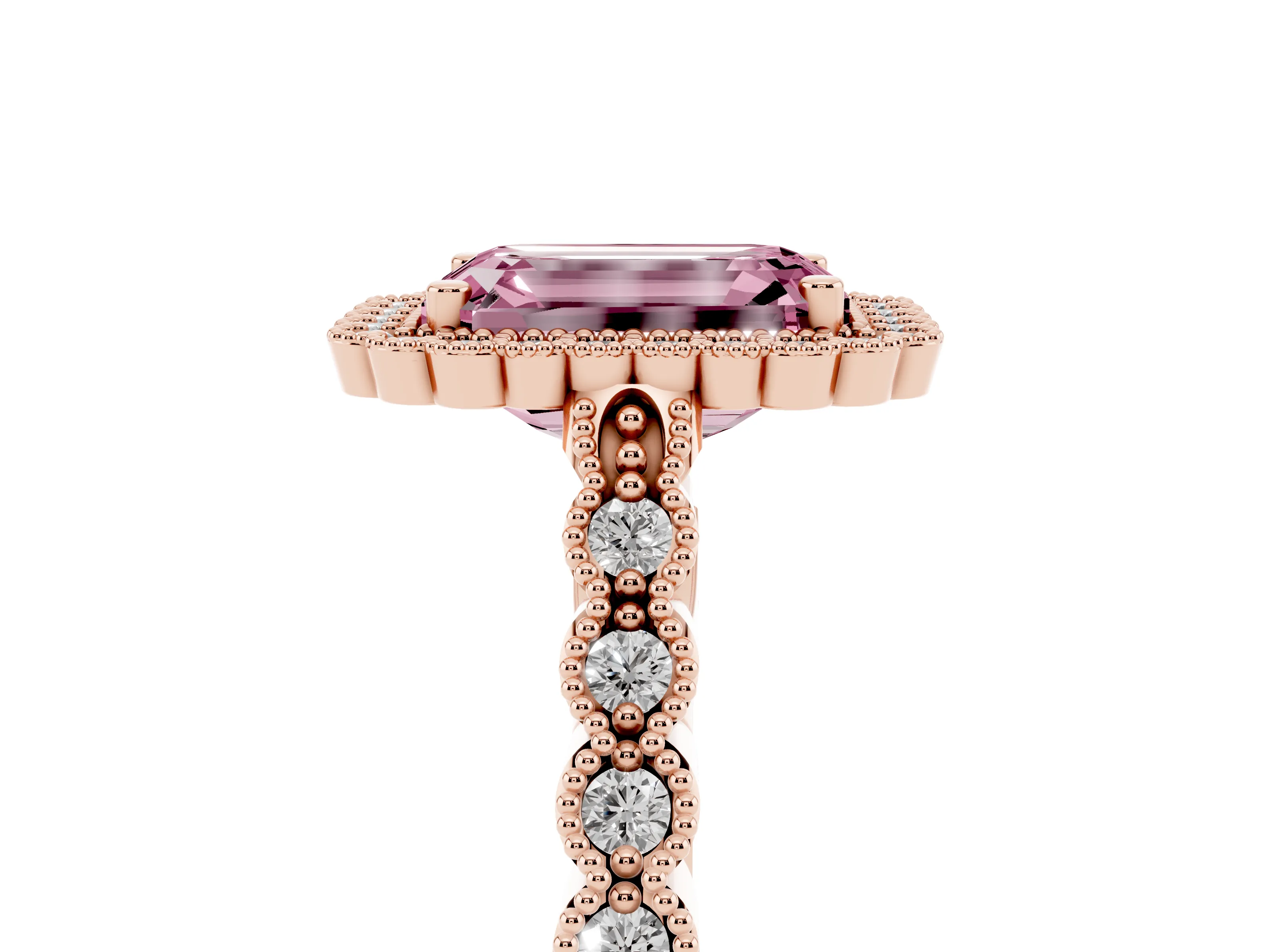 Fancy Pink Emerald Cut Diamond Halo Ring Set in Rose gold with Pavé Milgrain Band