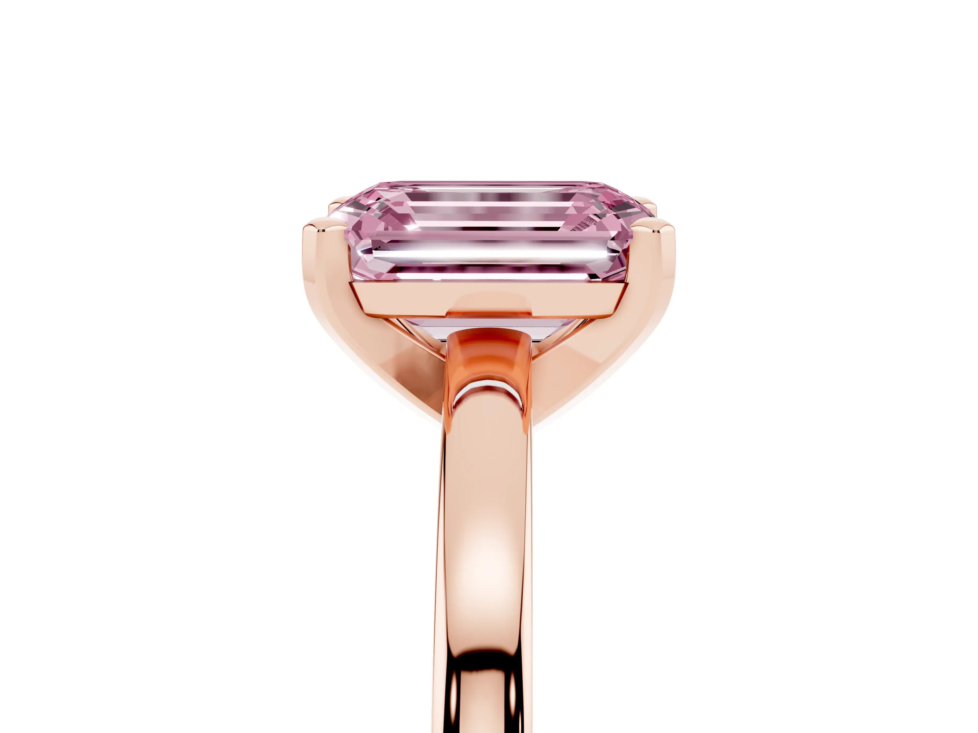 Fancy Pink Emerald Cut Diamond Solitaire Engagement Ring Set in Rose gold with Prong Setting on a Classic Band