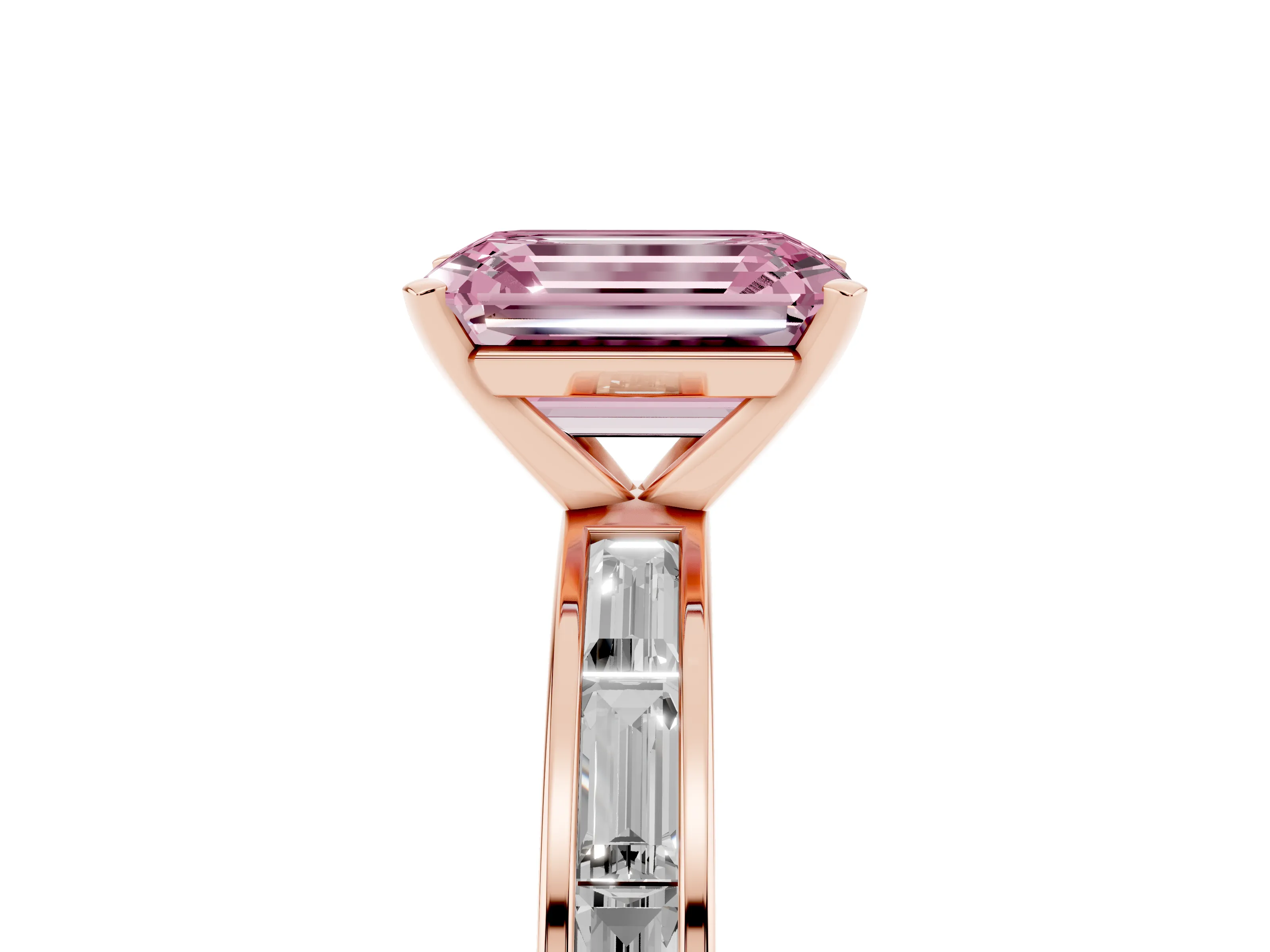 Fancy Pink Emerald Cut Diamond Solitaire Ring Set in Rose gold with Channel-Set Baguette Band and Prong Setting