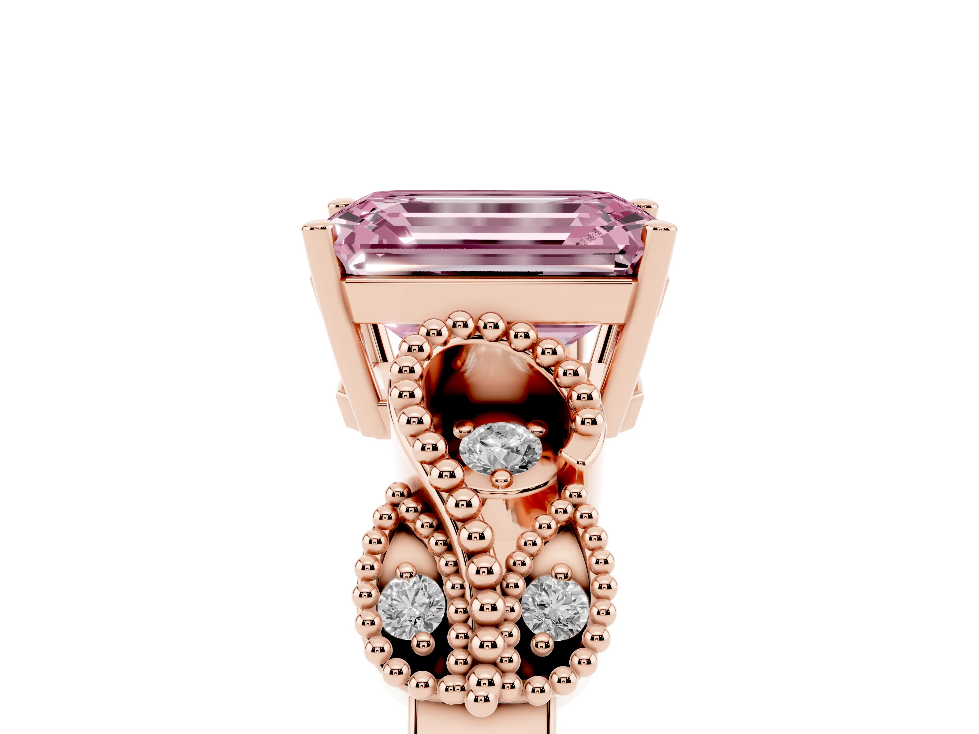 Fancy Pink Emerald Cut Diamond Milgrain Leaf Band Solitaire Ring Set in Rose gold with Accent Stones and Prong Setting