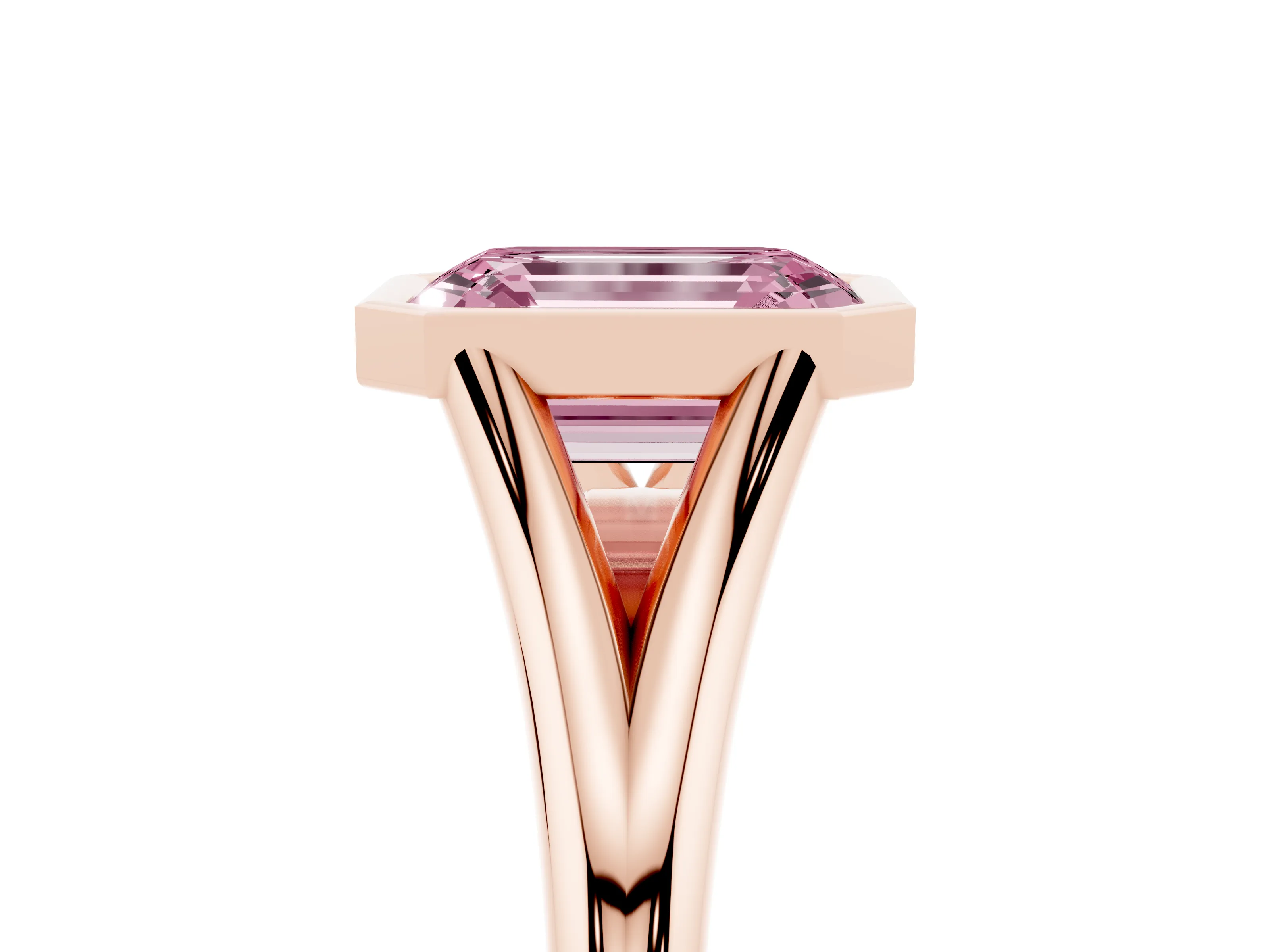 Fancy Pink Bezel Set Emerald Cut Diamond Solitaire Ring Set in Rose gold with Tapered Band