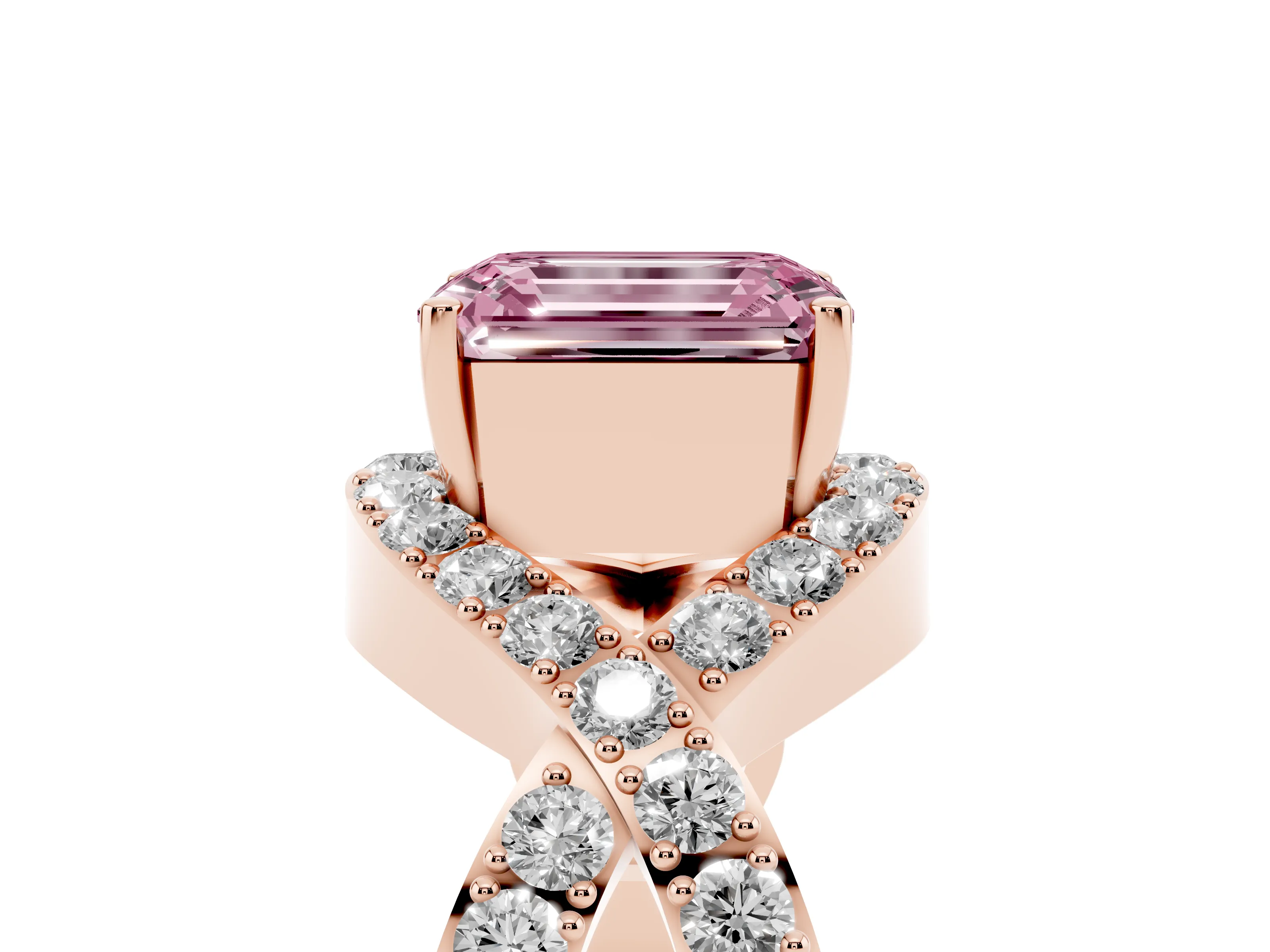 Fancy Pink Emerald Cut Diamond Solitaire Twist Band Pavé Engagement Ring Set in Rose gold