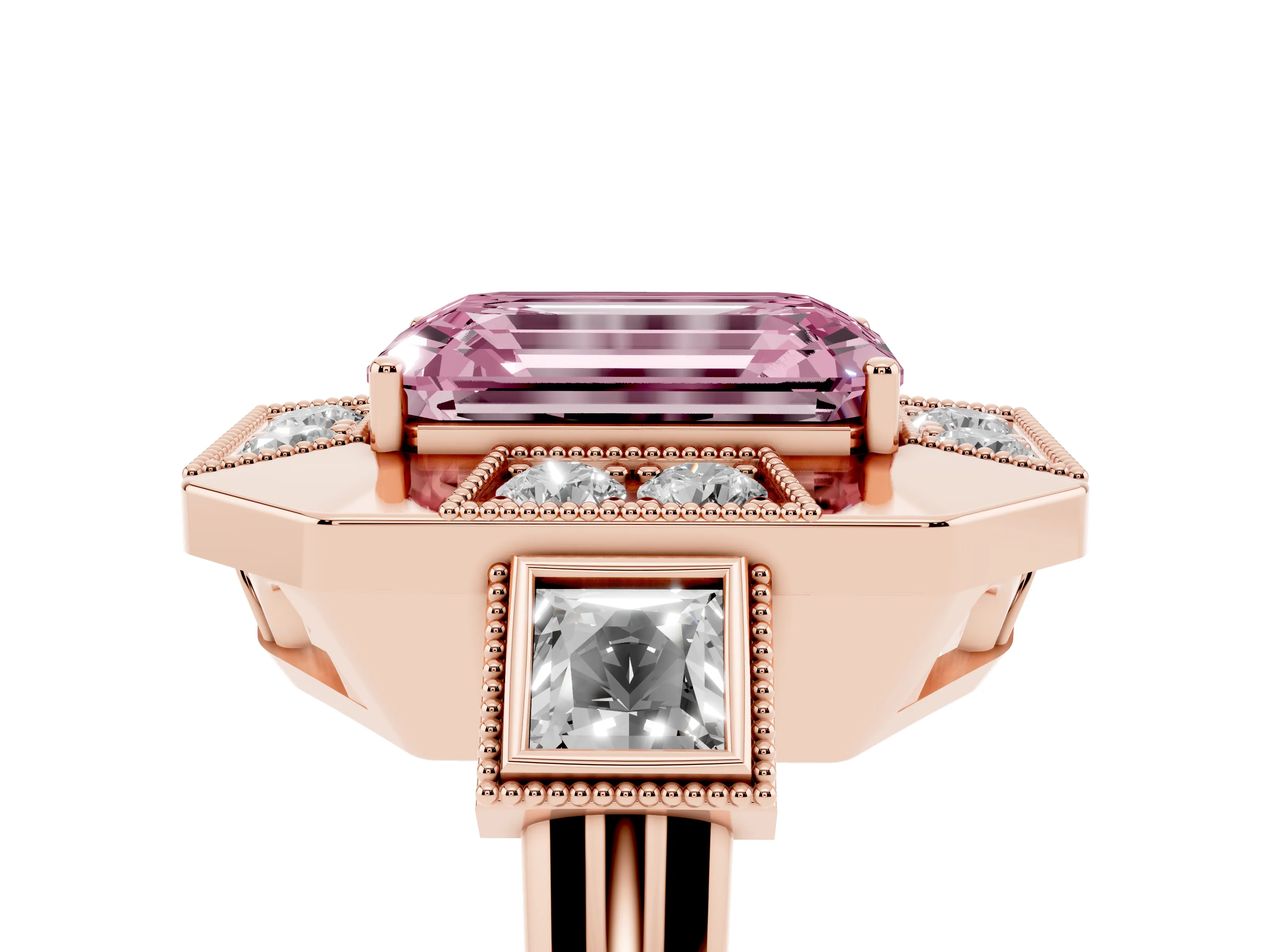 Fancy Pink Emerald Cut Diamond Milgrain Halo Ring Set in Rose gold with Split Shank