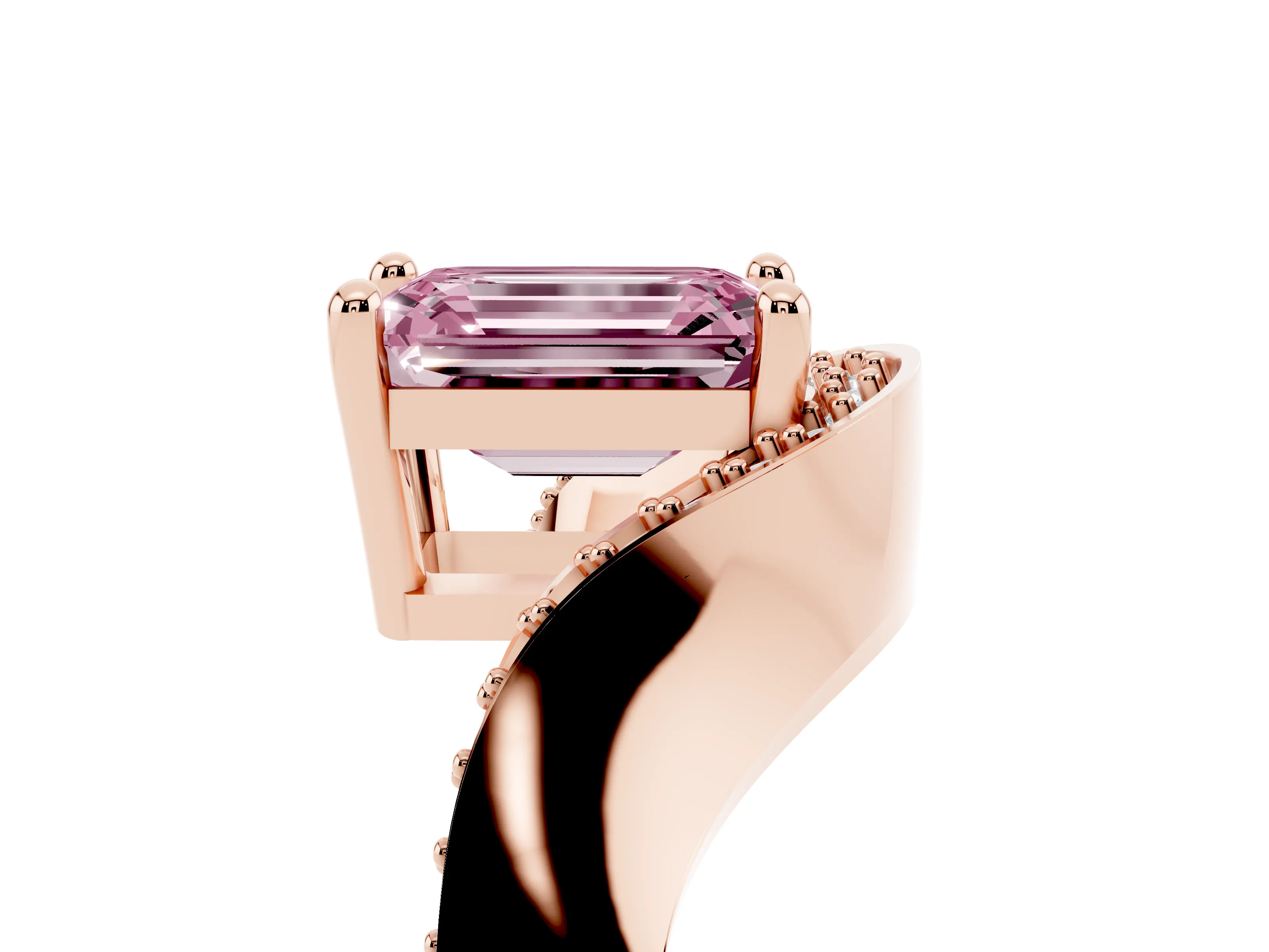Fancy Pink Emerald Cut Diamond Solitaire Engagement Ring Set in Rose gold with Pavé Shoulders