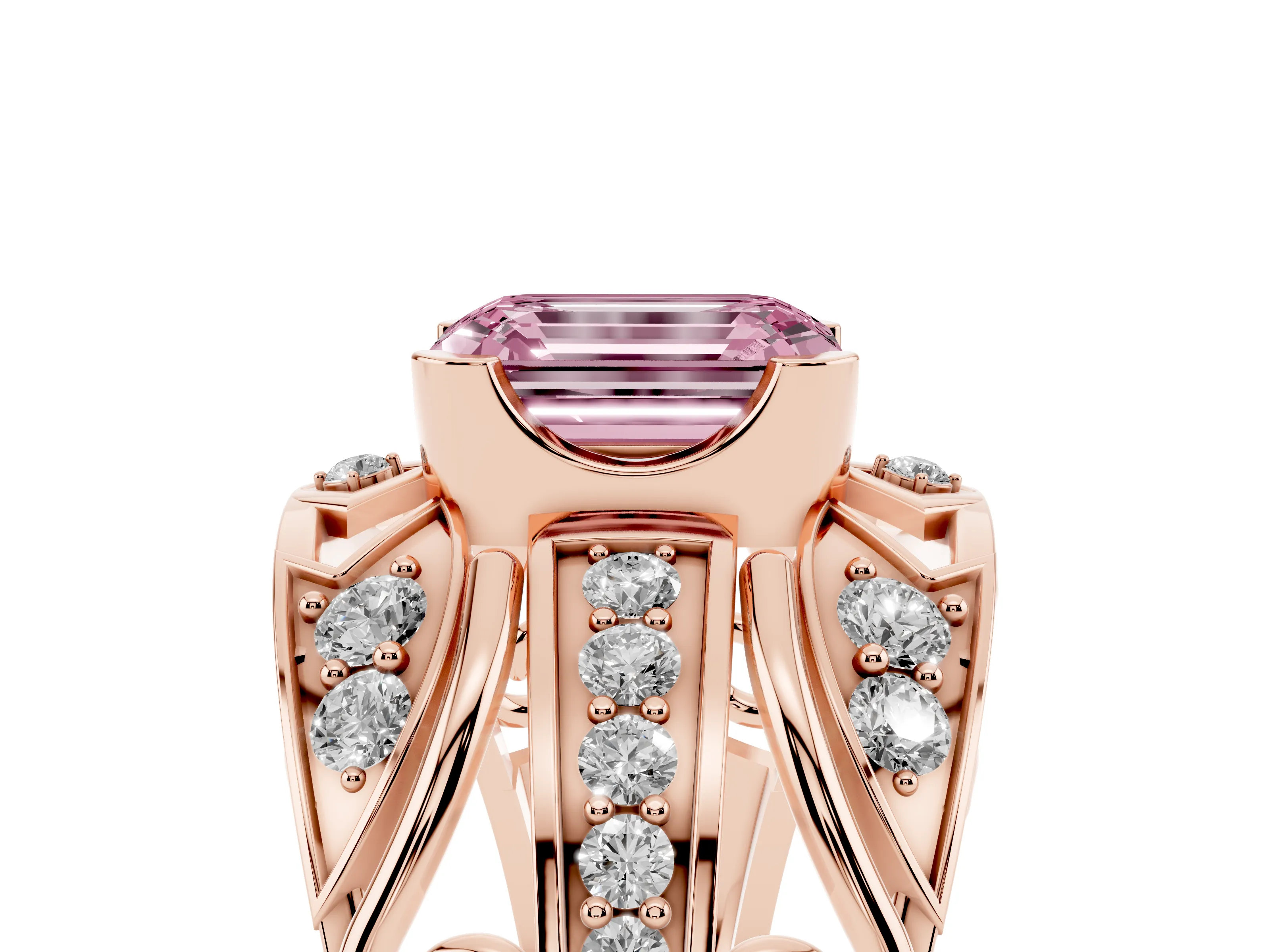 Fancy Pink Emerald Cut Diamond Art Deco Ring Set in Rose gold with Pavé Split Shank