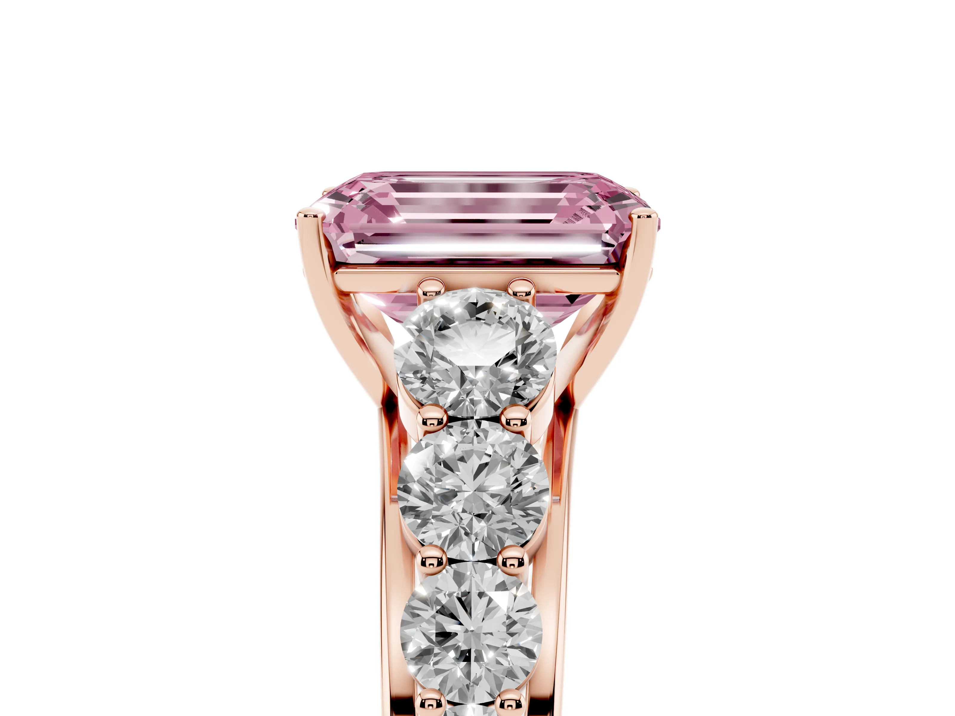 Fancy Pink Emerald Cut Diamond Solitaire Ring Set in Rose gold with Pavé-Set Band and Prong Setting