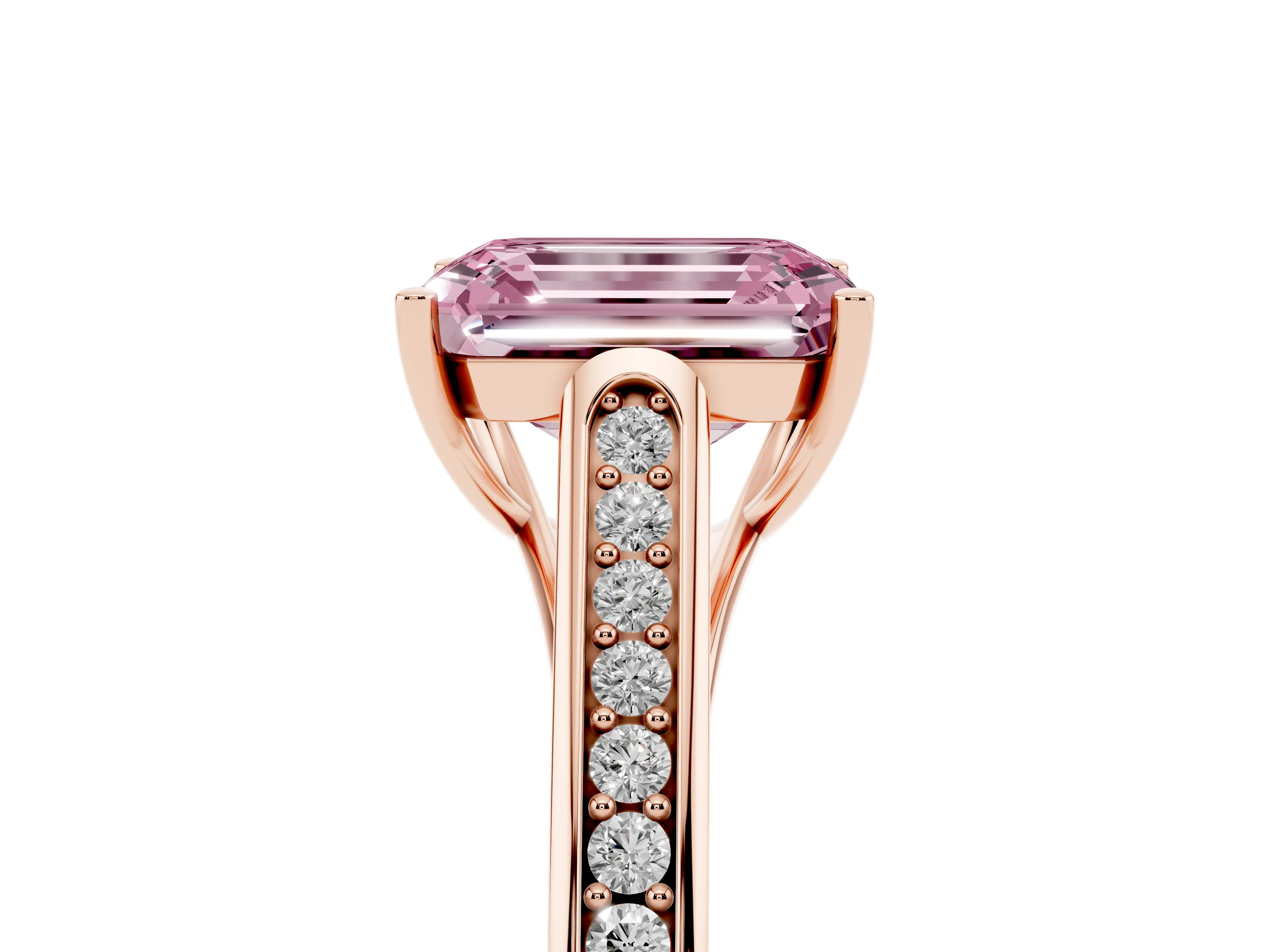 Fancy Pink Emerald Cut Diamond Solitaire Cathedral Engagement Ring Set in Rose gold with Channel-Set Band and Prong Setting
