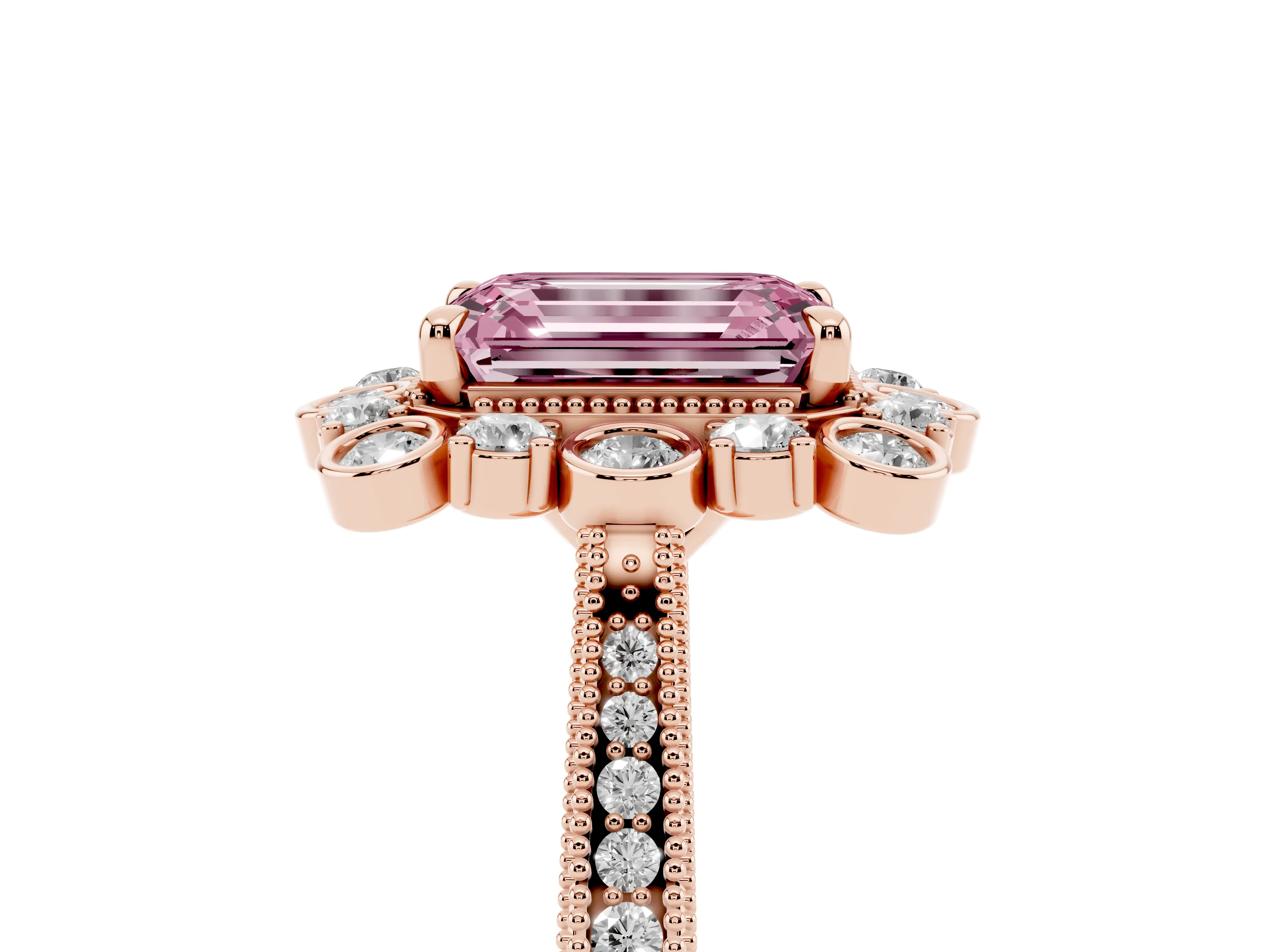 Fancy Pink Emerald Cut Diamond Halo Milgrain Pavé Ring Set in Rose gold with Prong Setting