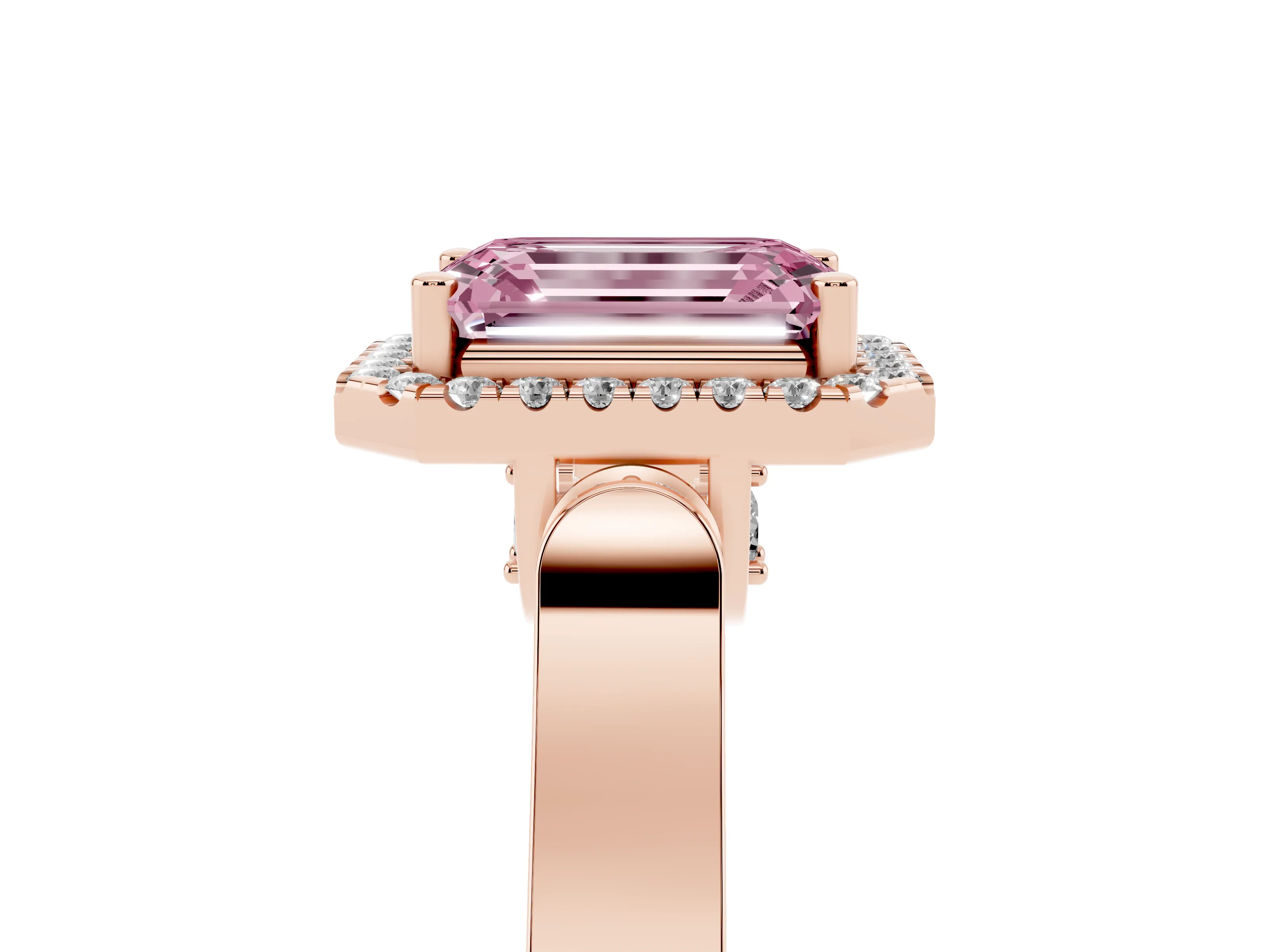 Fancy Pink Emerald Cut Diamond Halo Ring Set in Rose gold with Pavé-Lined Split Shank Band