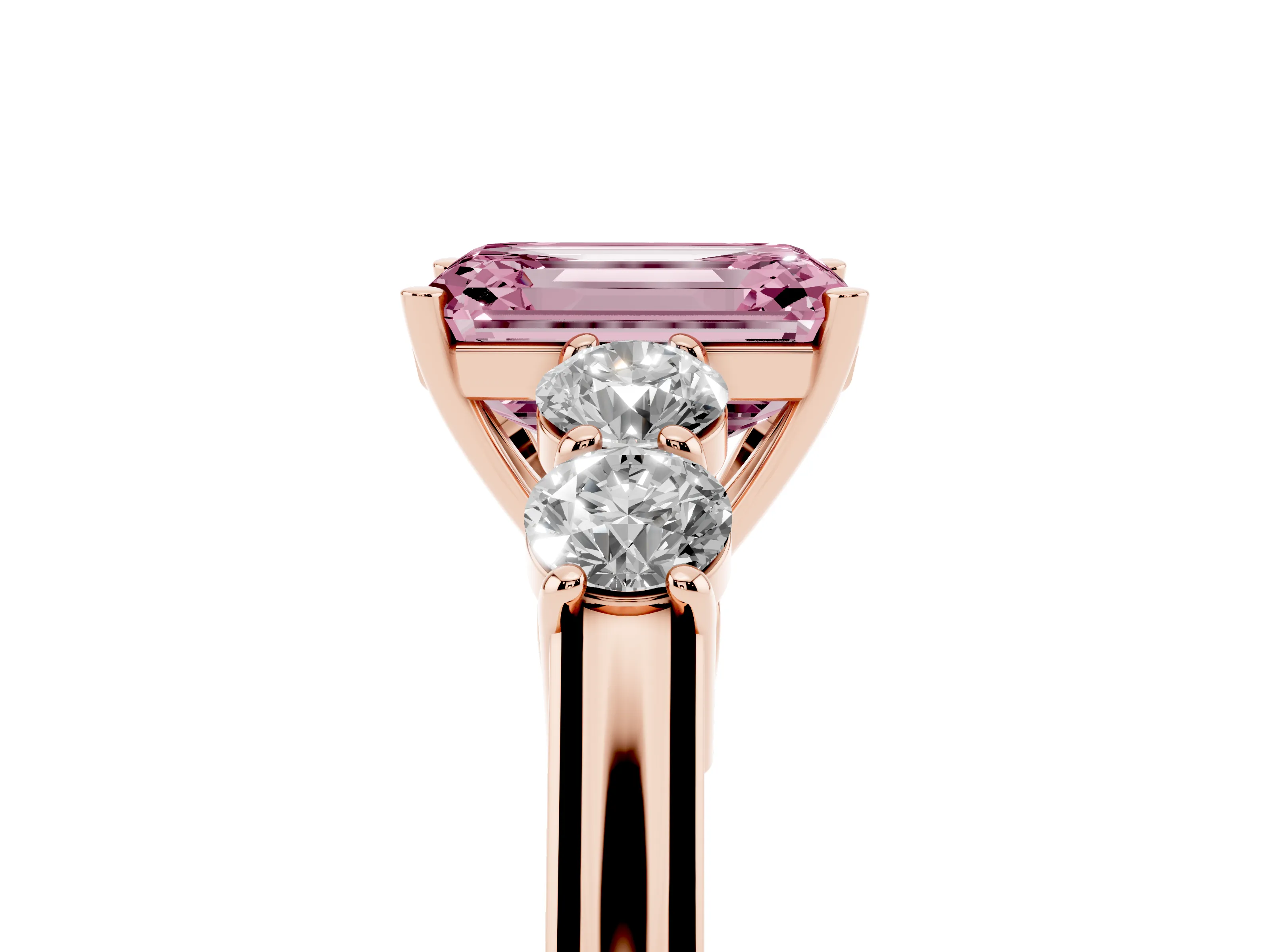 Fancy Pink Emerald Cut Diamond Five-Stone Prong Set Band Ring Set in Rose gold with Polished Band