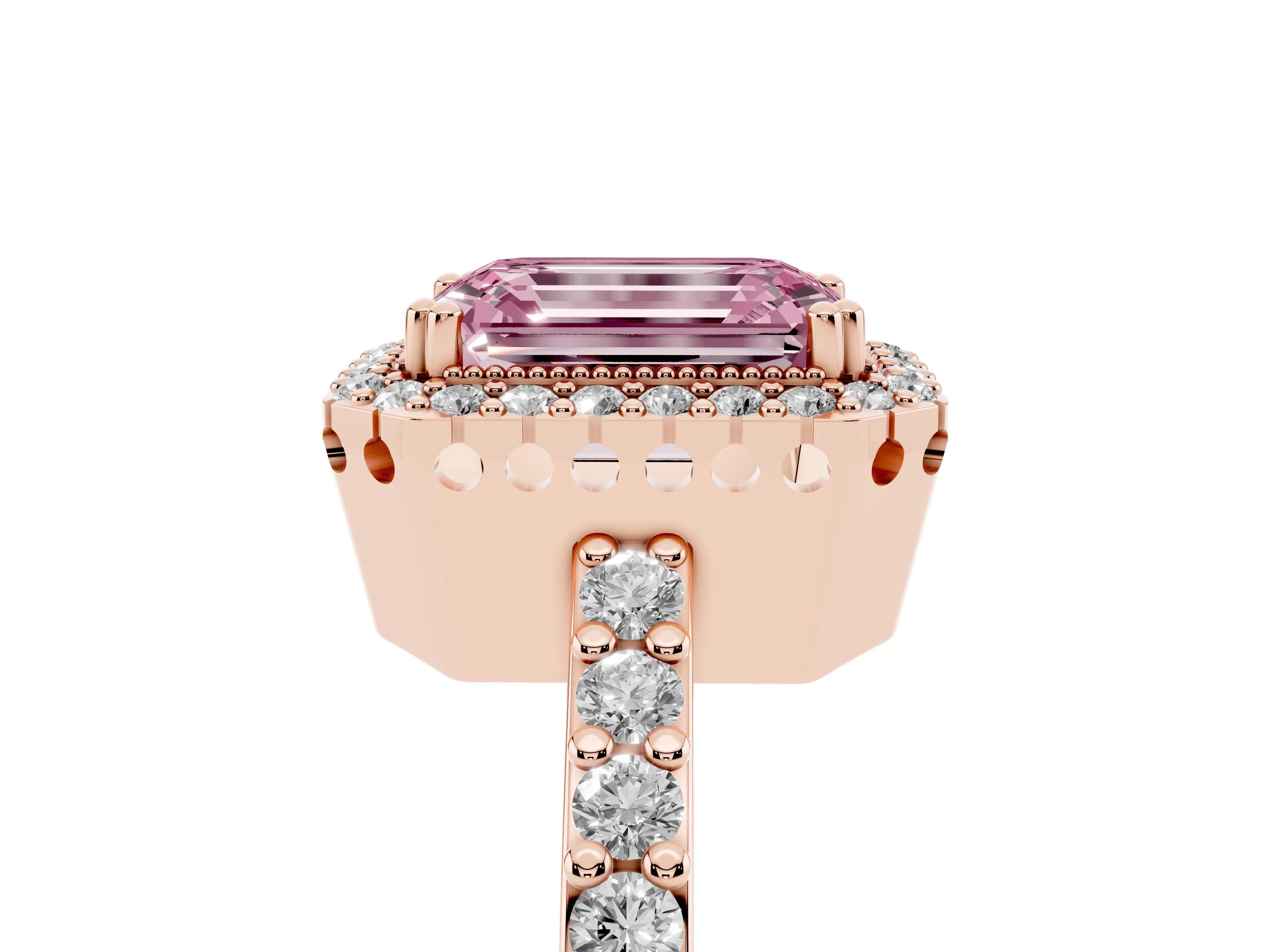 Fancy Pink Emerald Cut Diamond Halo Engagement Ring Set in Rose gold with Milgrain Detail and Pavé Band