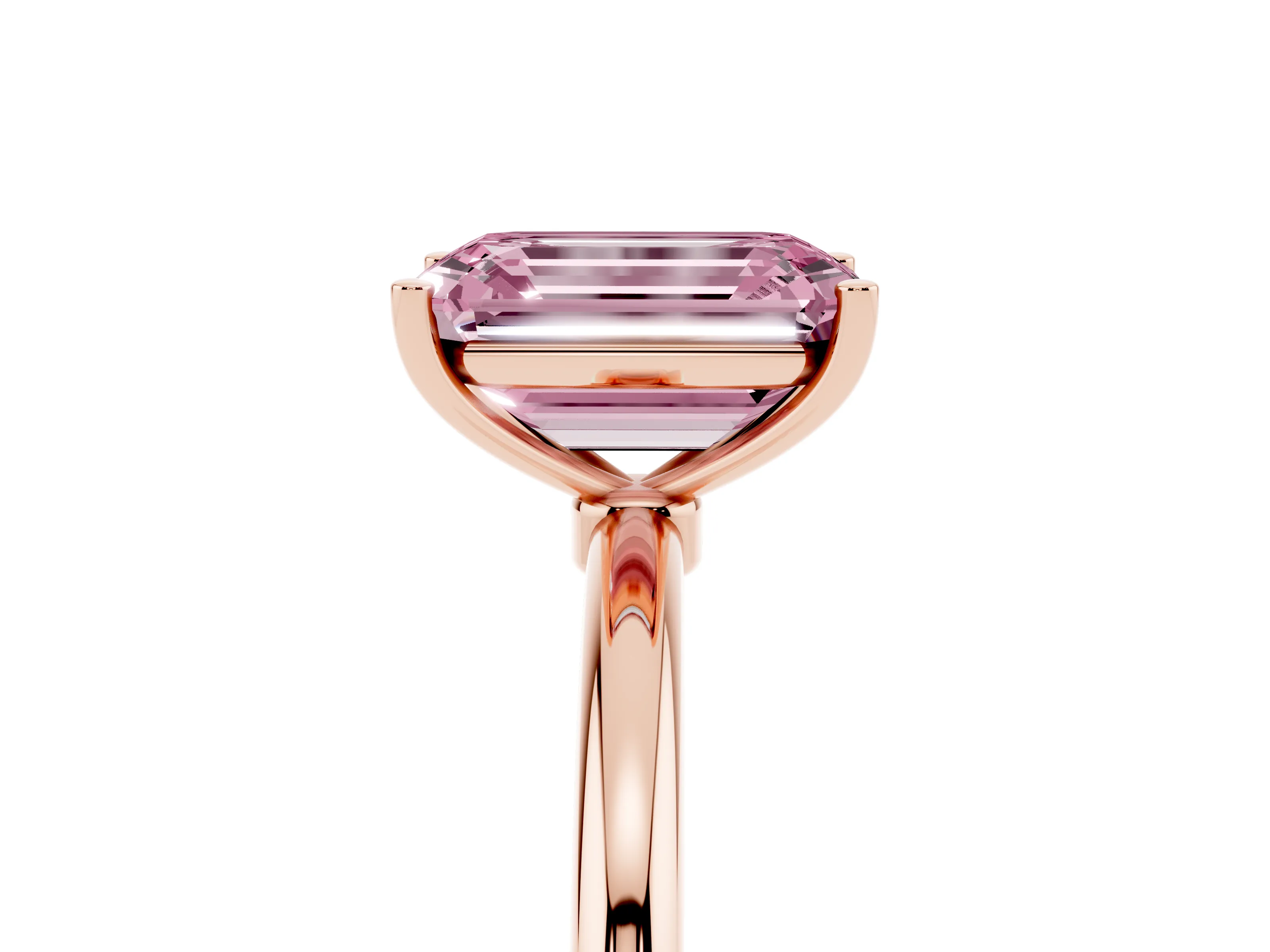 Fancy Pink Emerald Cut Diamond Solitaire Engagement Ring Set in Rose gold with Thin Band and Prong Setting