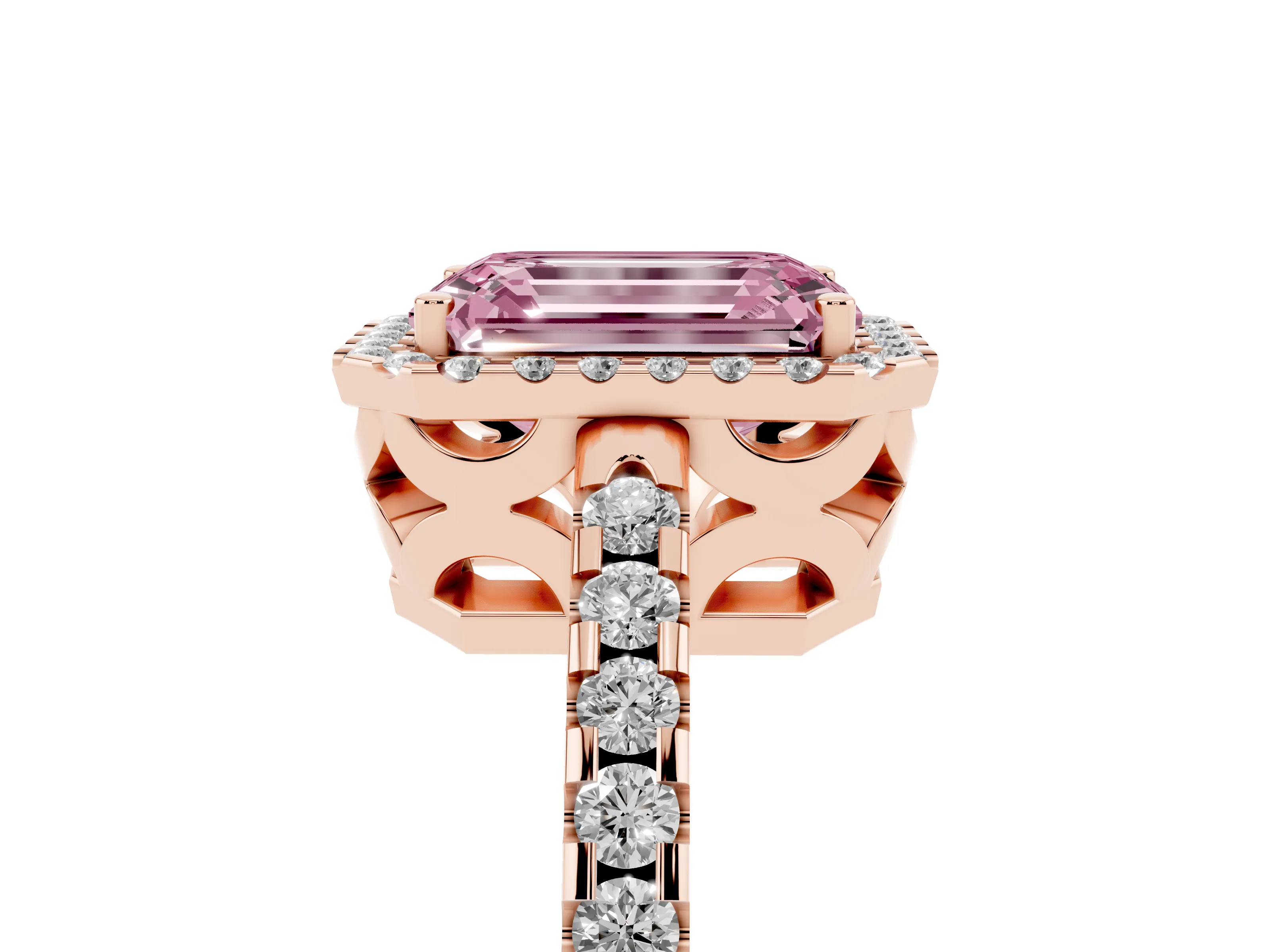 Fancy Pink Emerald Cut Diamond Halo Ring Set in Rose gold with Pavé Shoulders and Halo-Framed Center