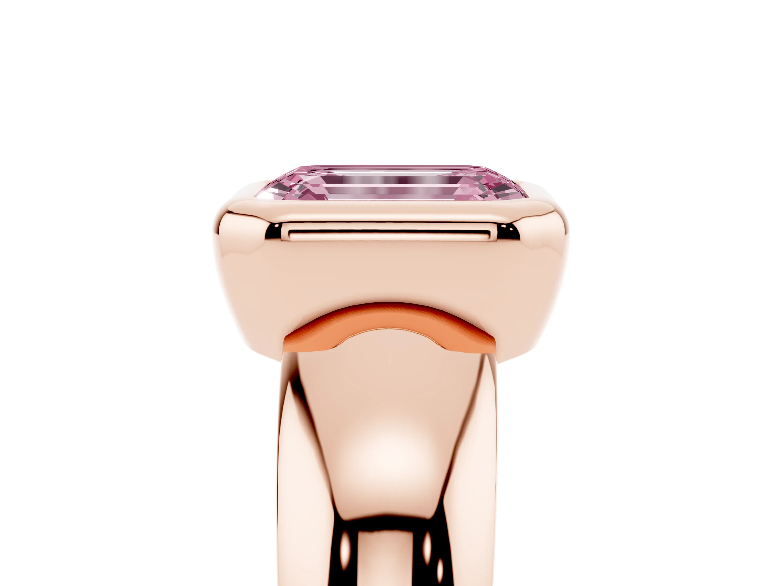 Fancy Pink Bezel Set Emerald Cut Diamond Solitaire Ring Set in Rose gold with Wide Band