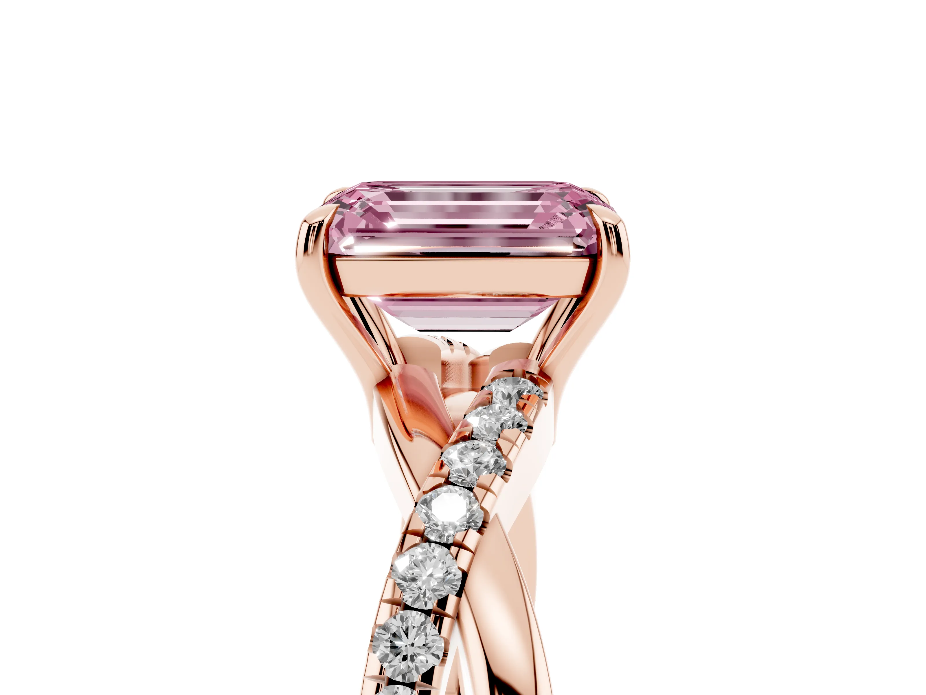 Fancy Pink Emerald Cut Diamond Twisted Pavé Band Ring Set in Rose gold with Prong Setting