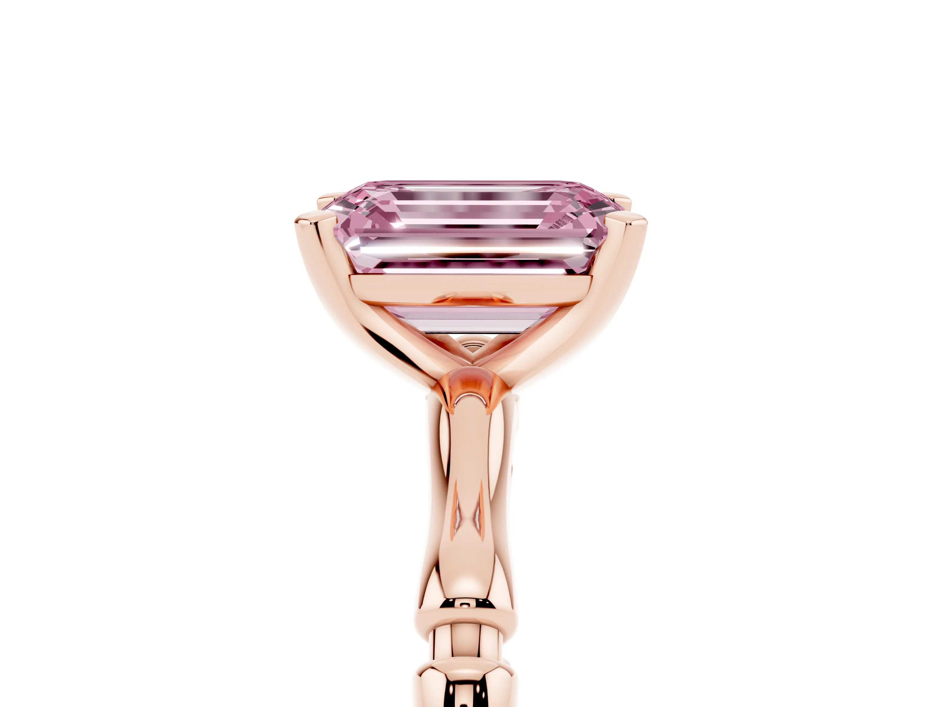 Fancy Pink Emerald Cut Diamond Solitaire Ring Set in Rose gold with Bamboo Band and Prong Setting