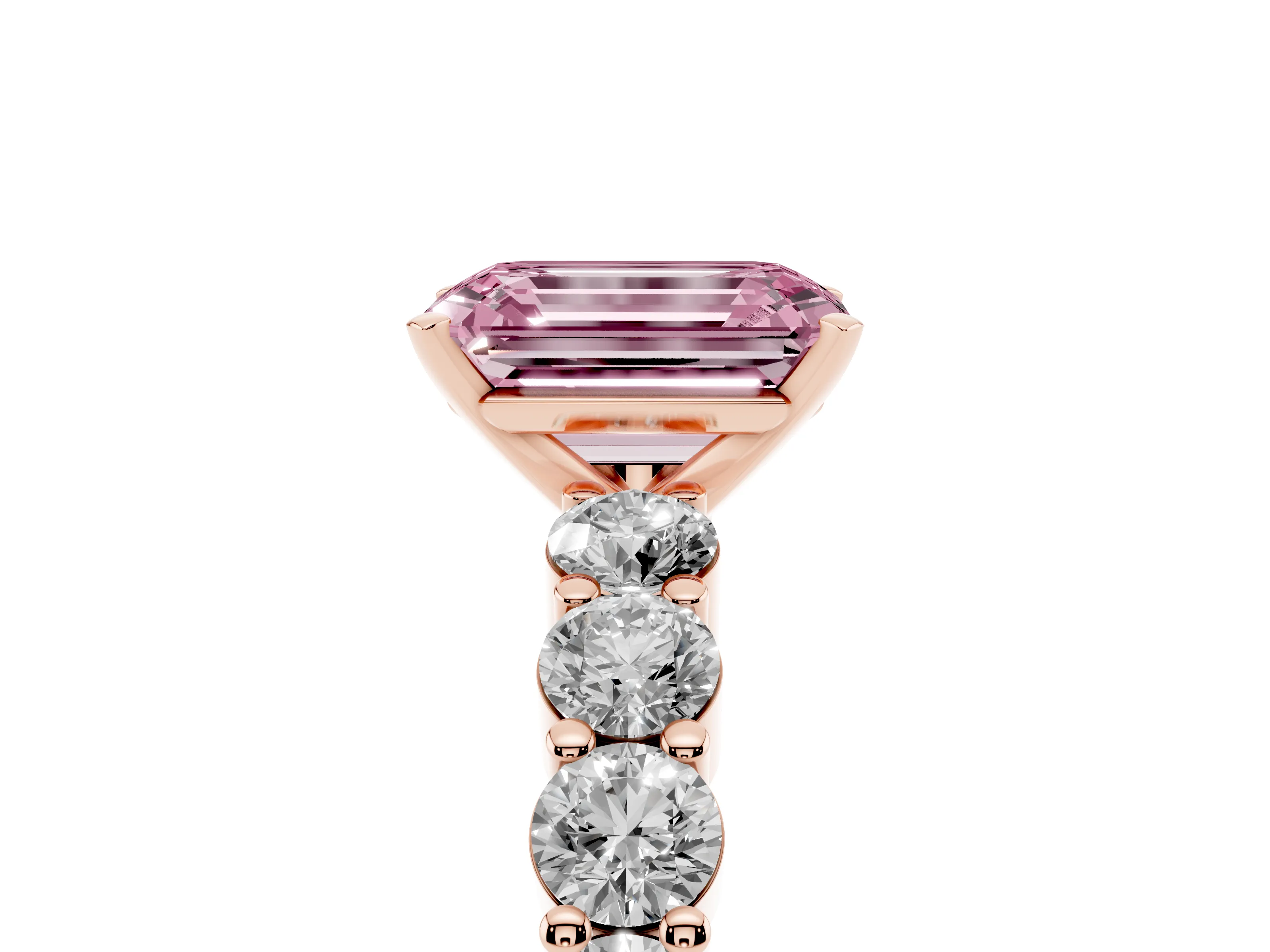 Fancy Pink Emerald Cut Diamond Solitaire Ring Set in Rose gold with Shared Prong Round Side Stones