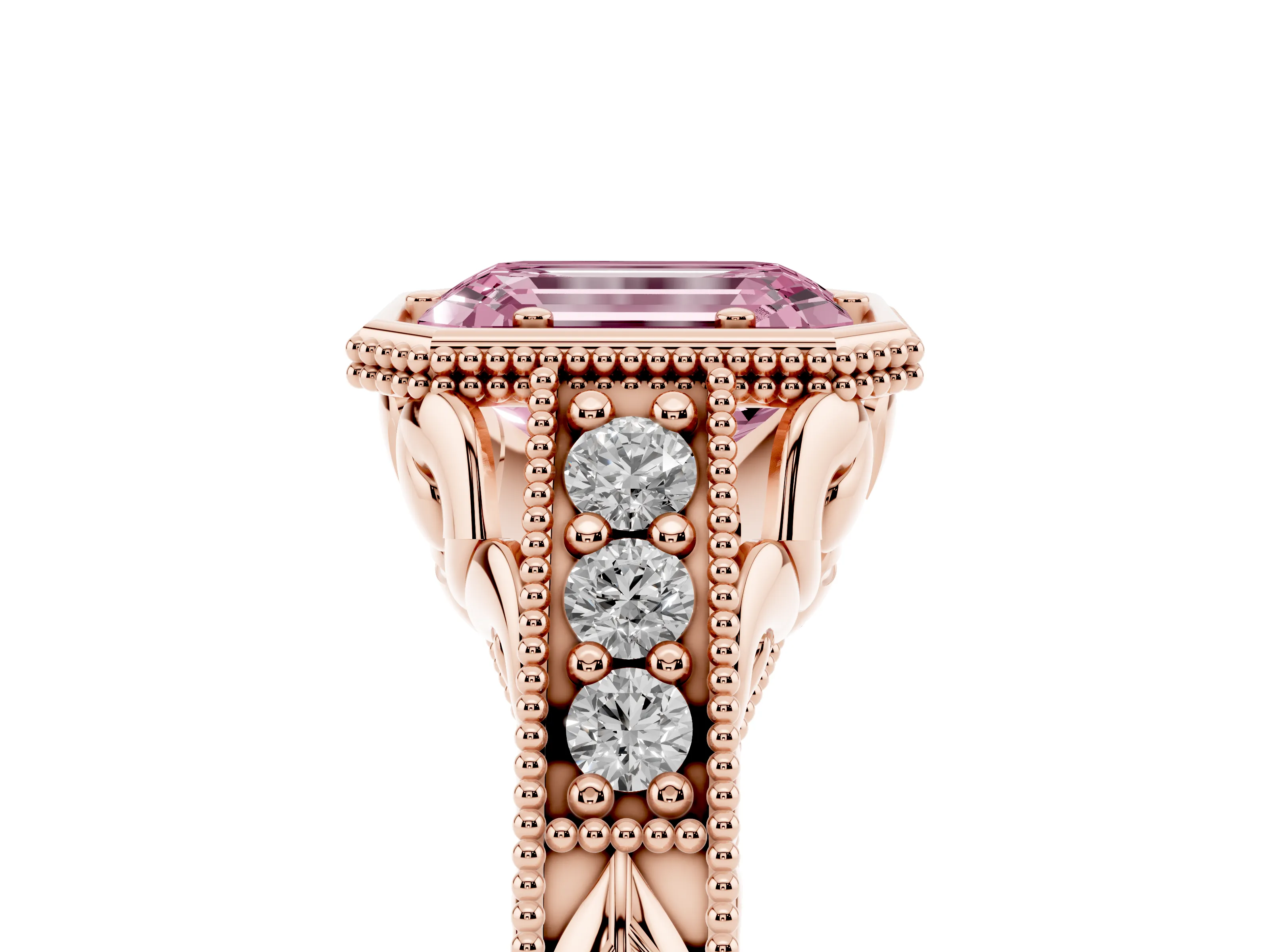 Fancy Pink Bezel Set Emerald Cut Diamond Milgrain Pavé Engagement Ring Set in Rose gold
