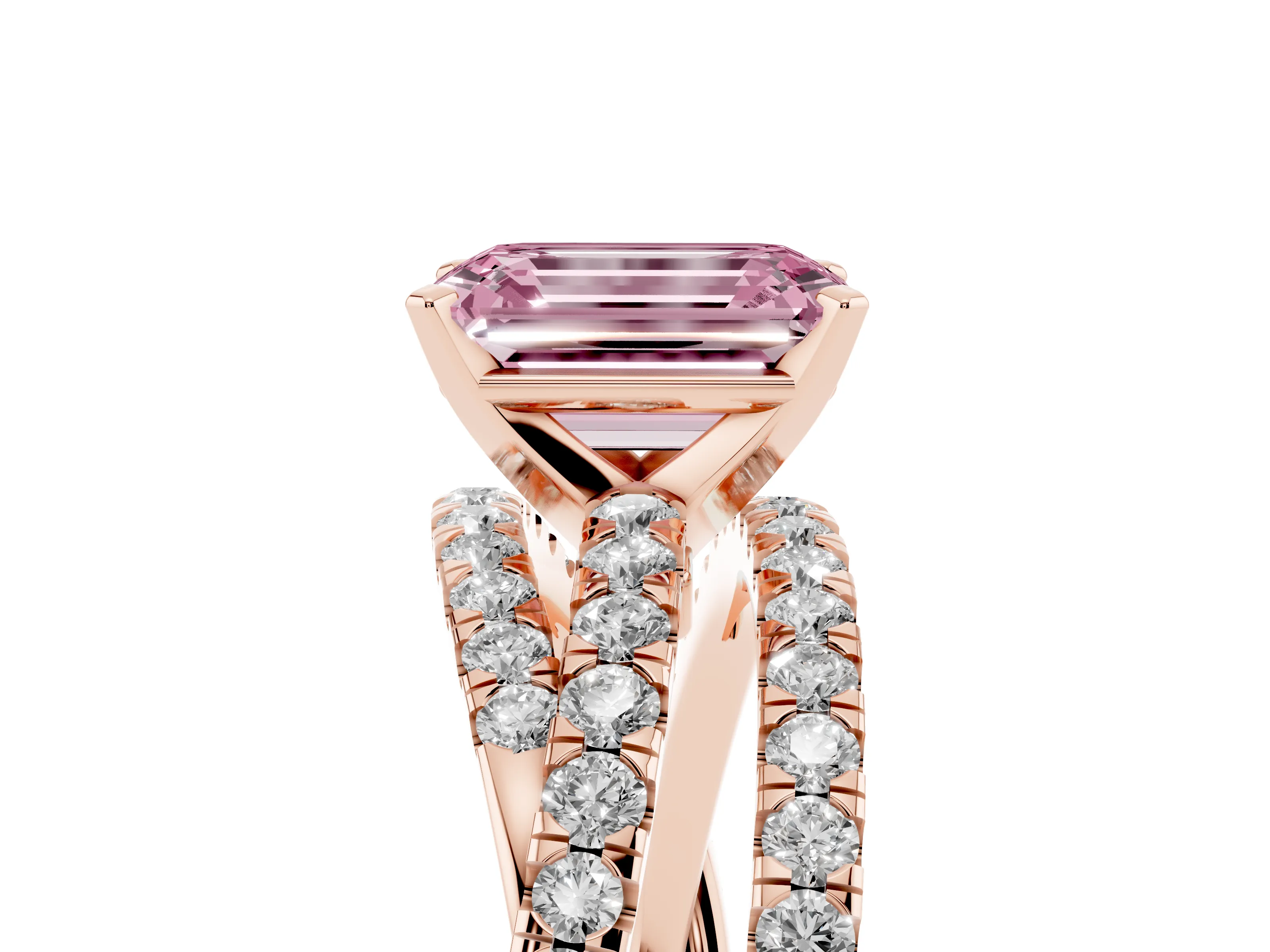 Fancy Pink Emerald Cut Diamond Solitaire Twist Band Ring Set in Rose gold with Pavé Setting and Prong Head