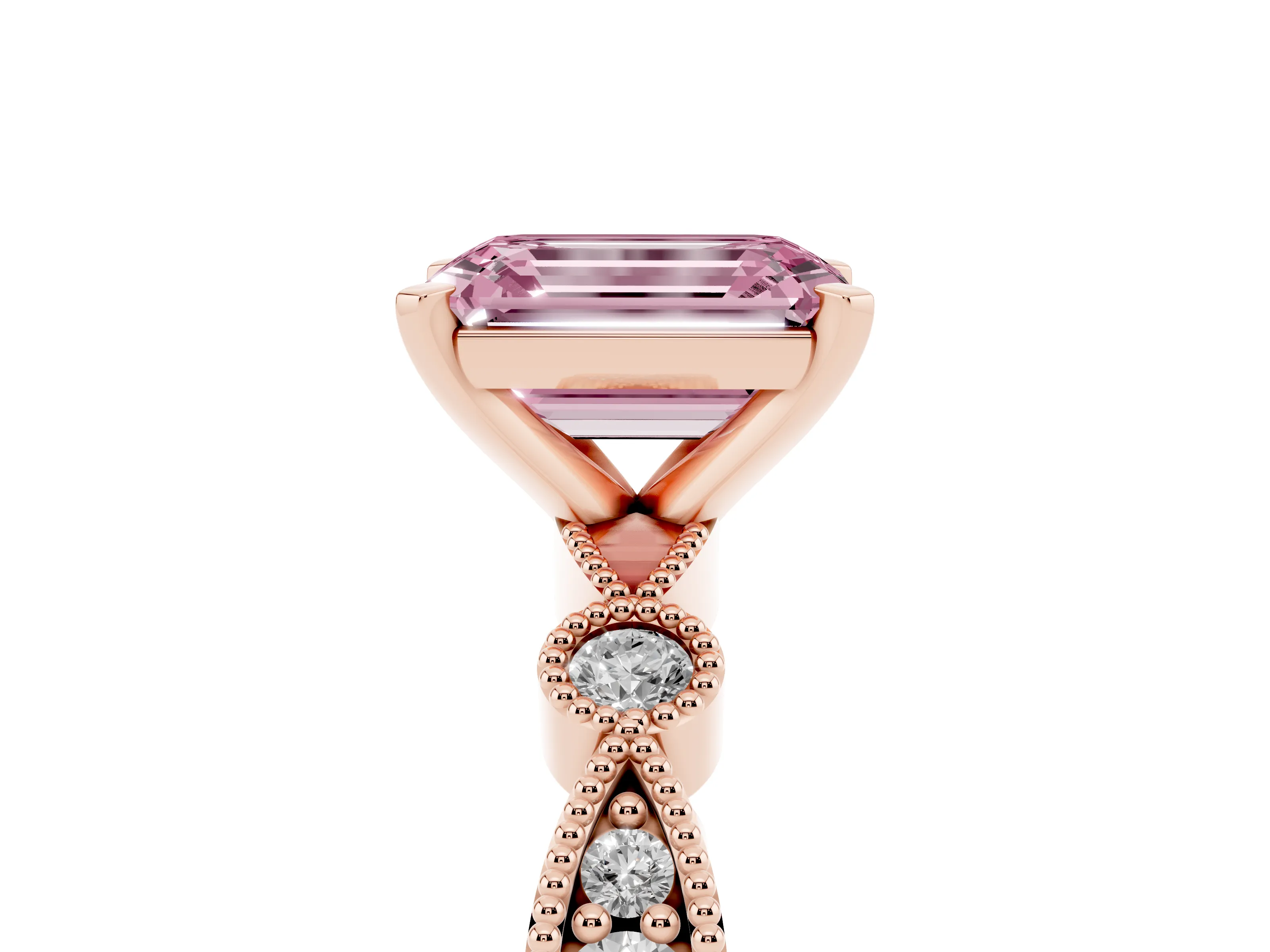 Fancy Pink Emerald Cut Diamond Solitaire Engagement Ring Set in Rose gold with Milgrain Bezel Accent Band