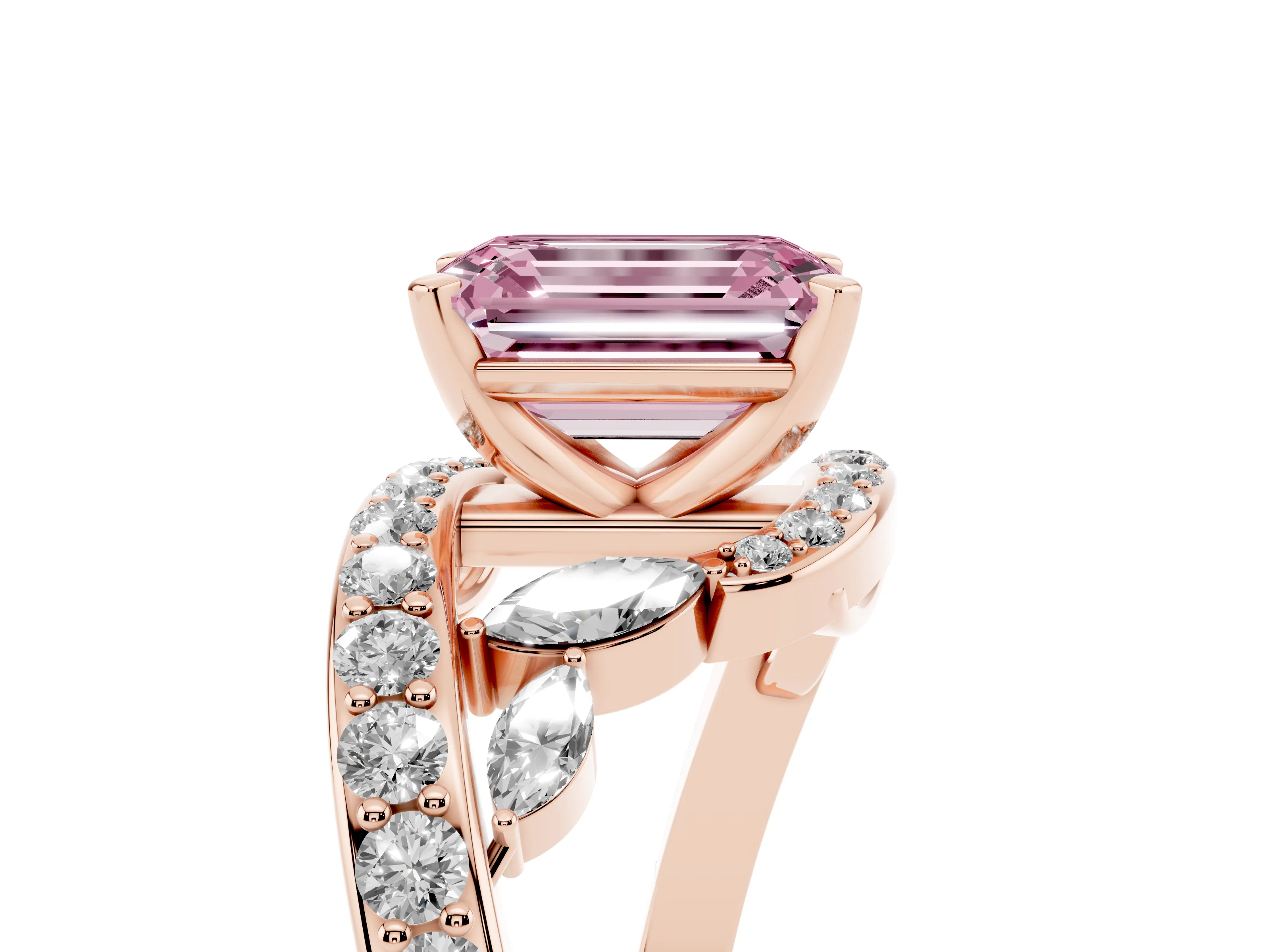 Fancy Pink Emerald Cut Diamond Solitaire Ring Set in Rose gold with Pavé Twist Band and Secure Prong Setting