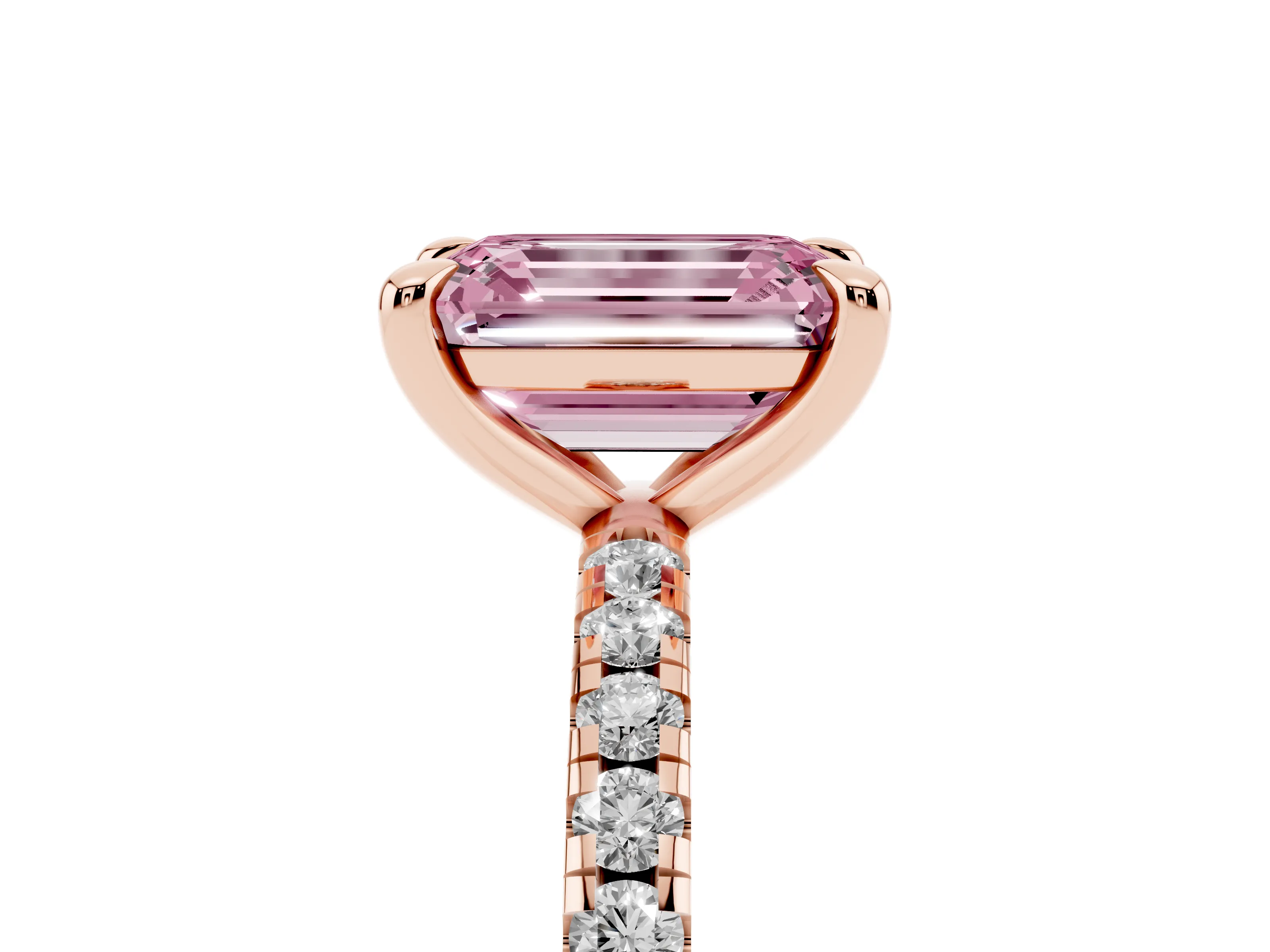 Fancy Pink Emerald Cut Diamond Brilliant Solitaire Ring Set in Rose gold with Pavé Band and Prong Setting