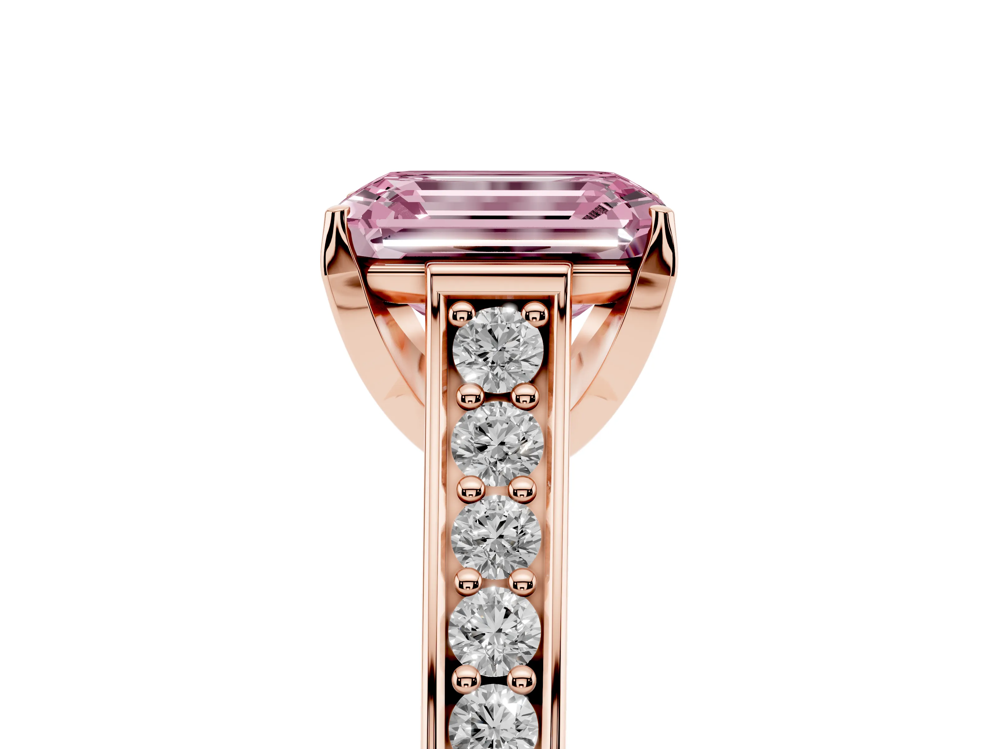 Fancy Pink Emerald Cut Diamond Solitaire Pavé Engagement Ring Set in Rose gold with Prong Setting