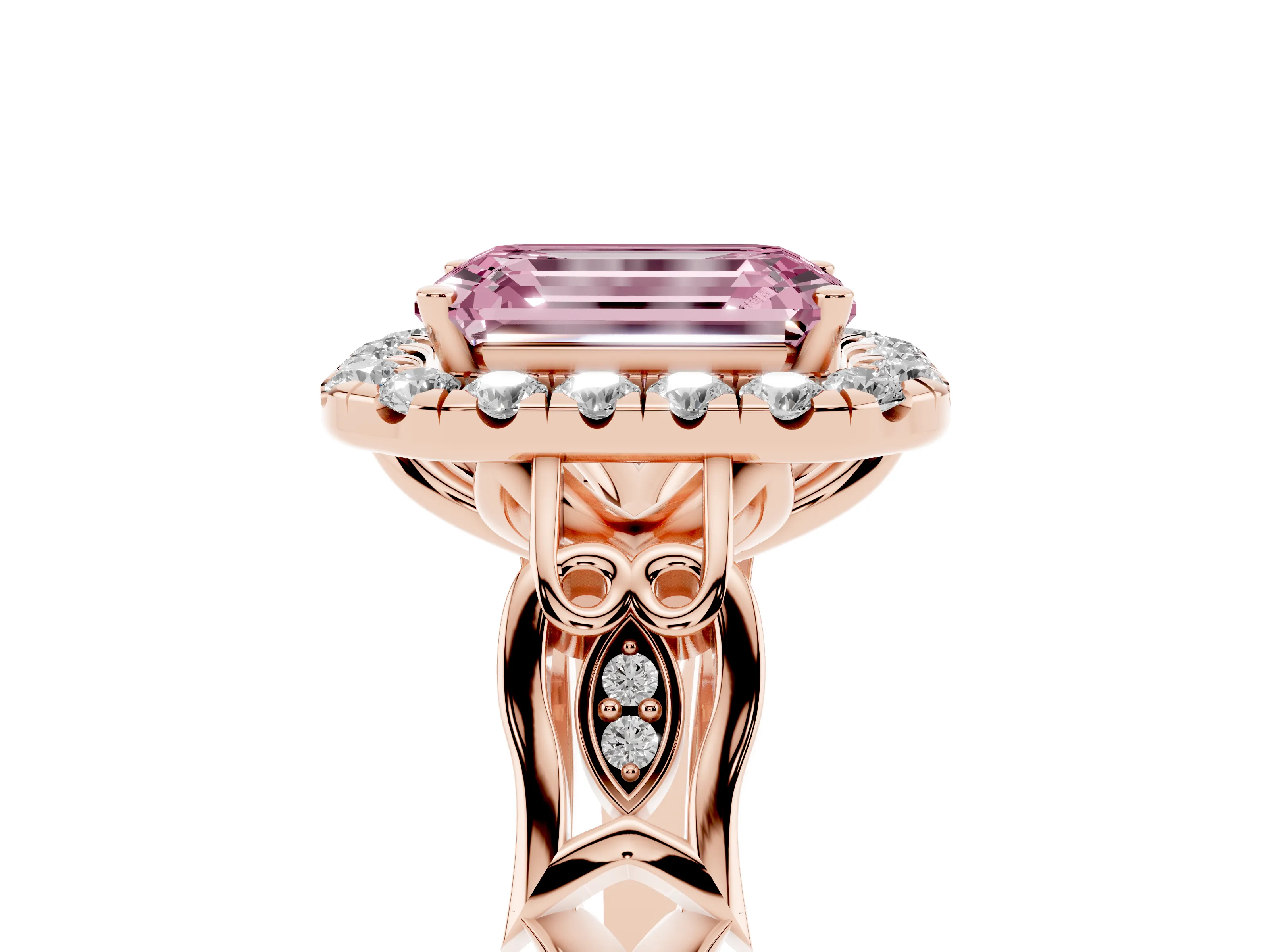 Fancy Pink Emerald Cut Diamond Halo Engagement Ring Set in Rose gold with Filigree Band and Prong-Set Center