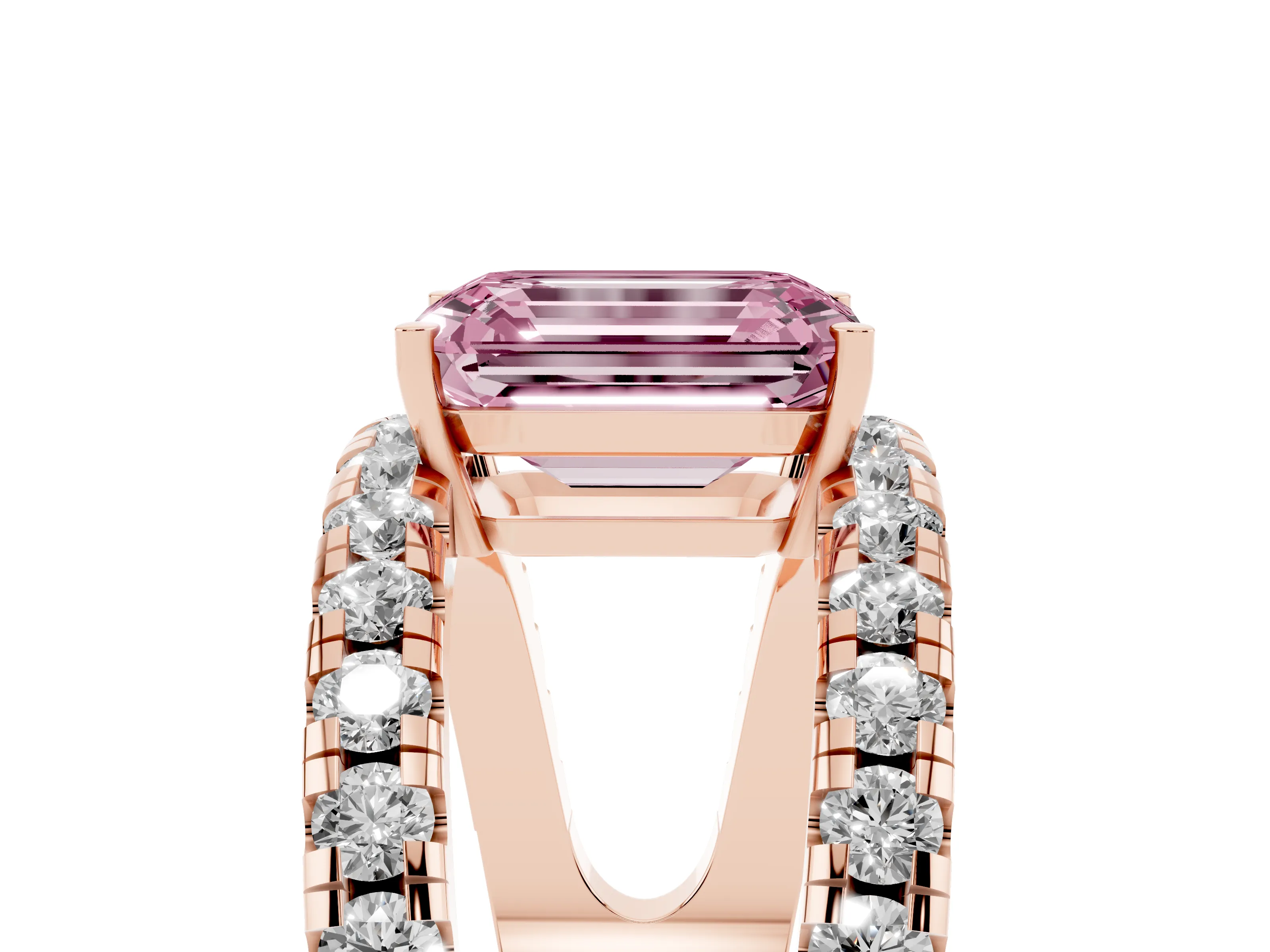 Fancy Pink Emerald Cut Diamond Split Shank Pavé Solitaire Ring Set in Rose gold with Open Shank Design