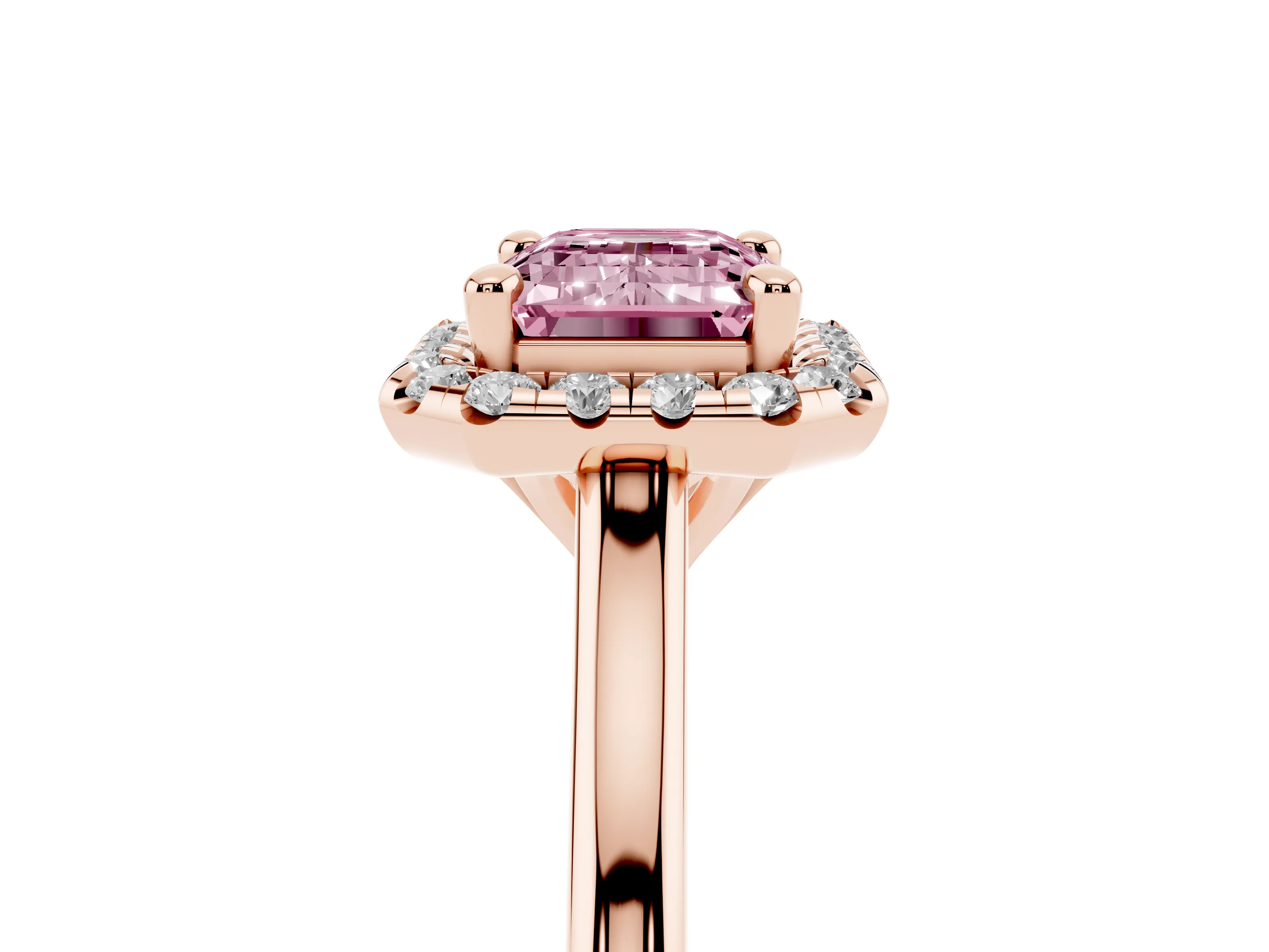 Fancy Pink Emerald Cut Diamond Halo Engagement Ring Set in Rose gold with Pavé Band and Rising Shoulders
